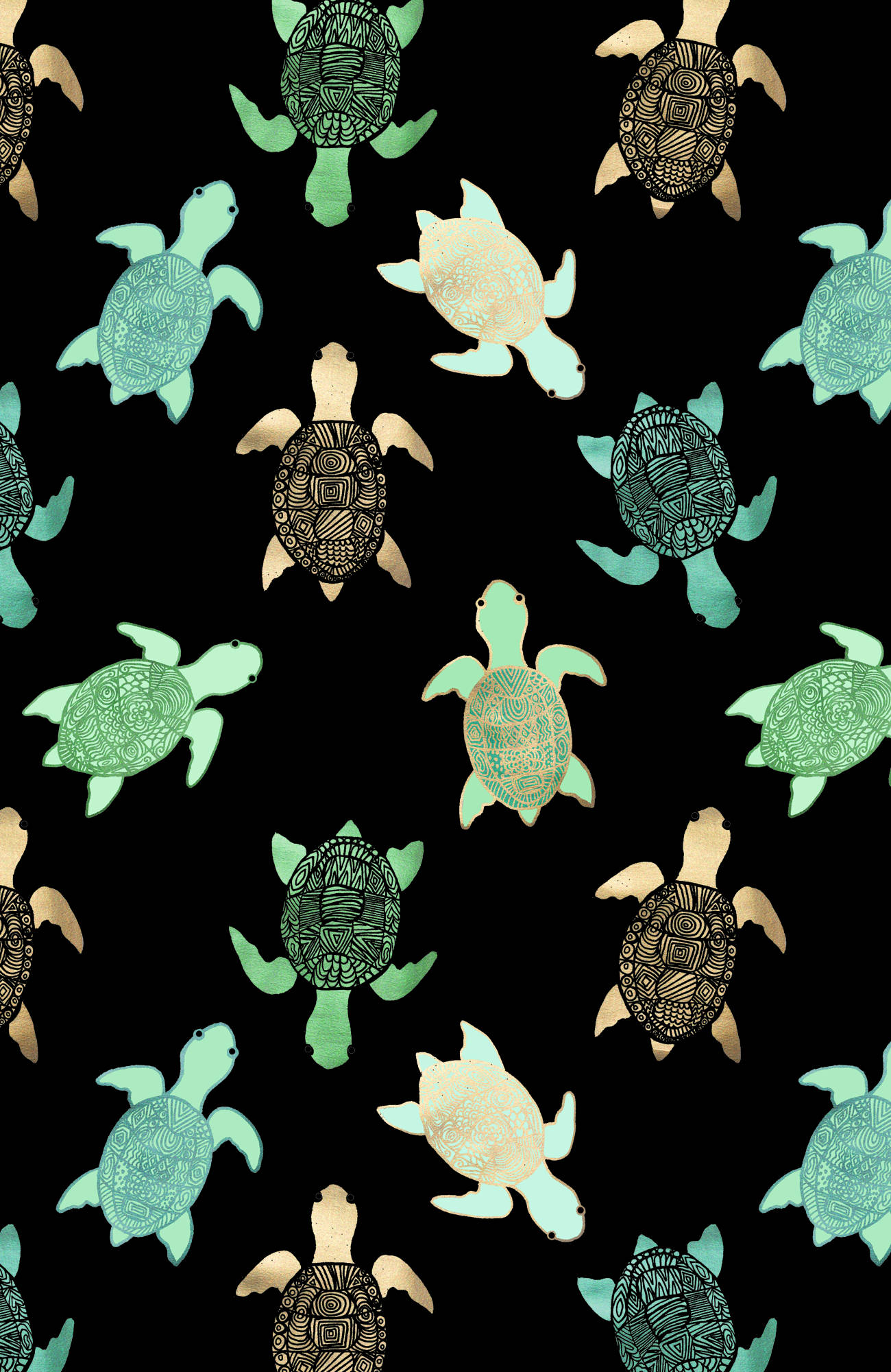 aesthetic green and brown cute turtle, stylized sea turtles, teal gold and black, Full HD Phone Wallpaper