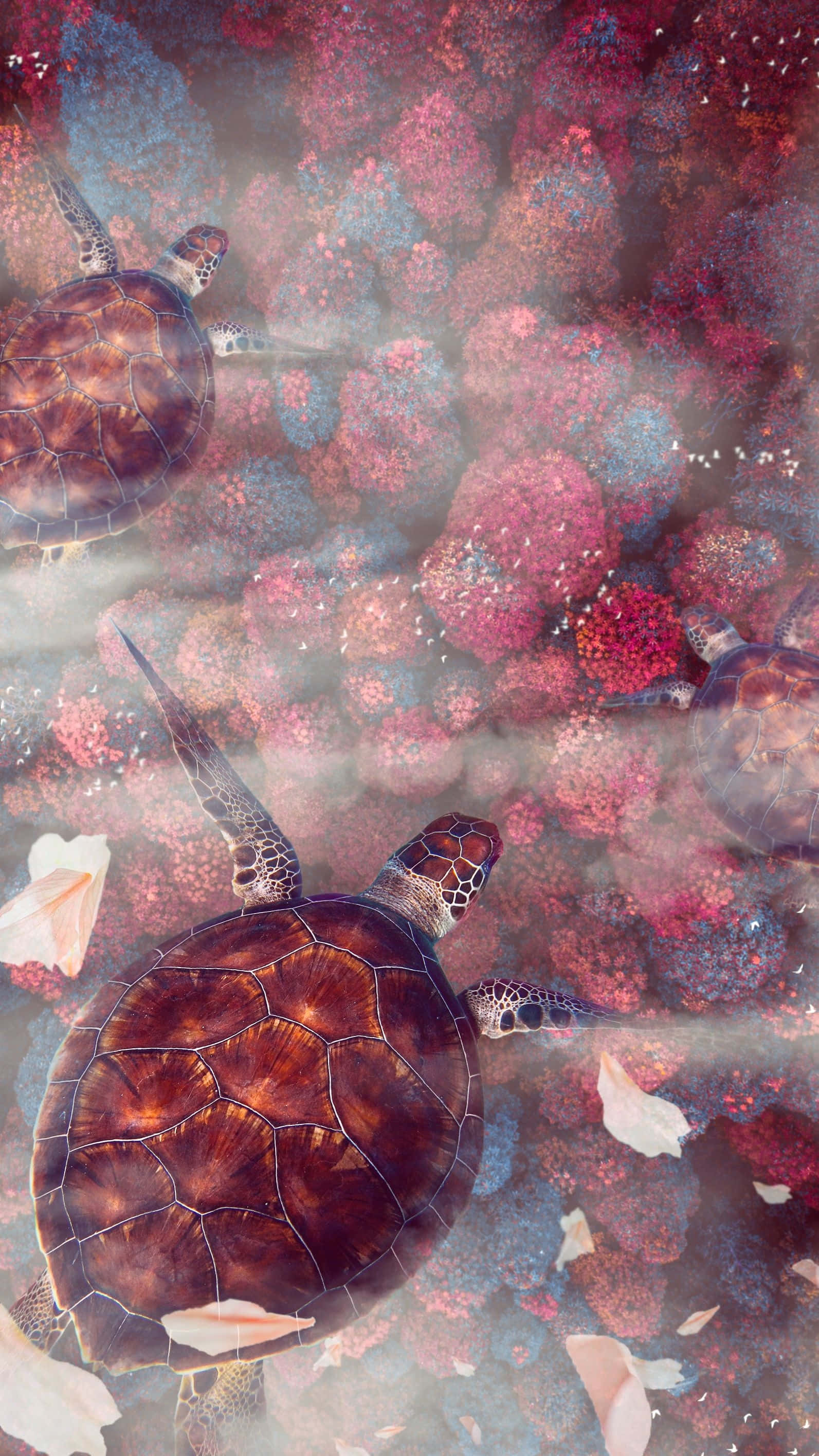 sea turtles, glowing pink and blue coral formations, surreal underwater landscape, 2K Phone Wallpaper