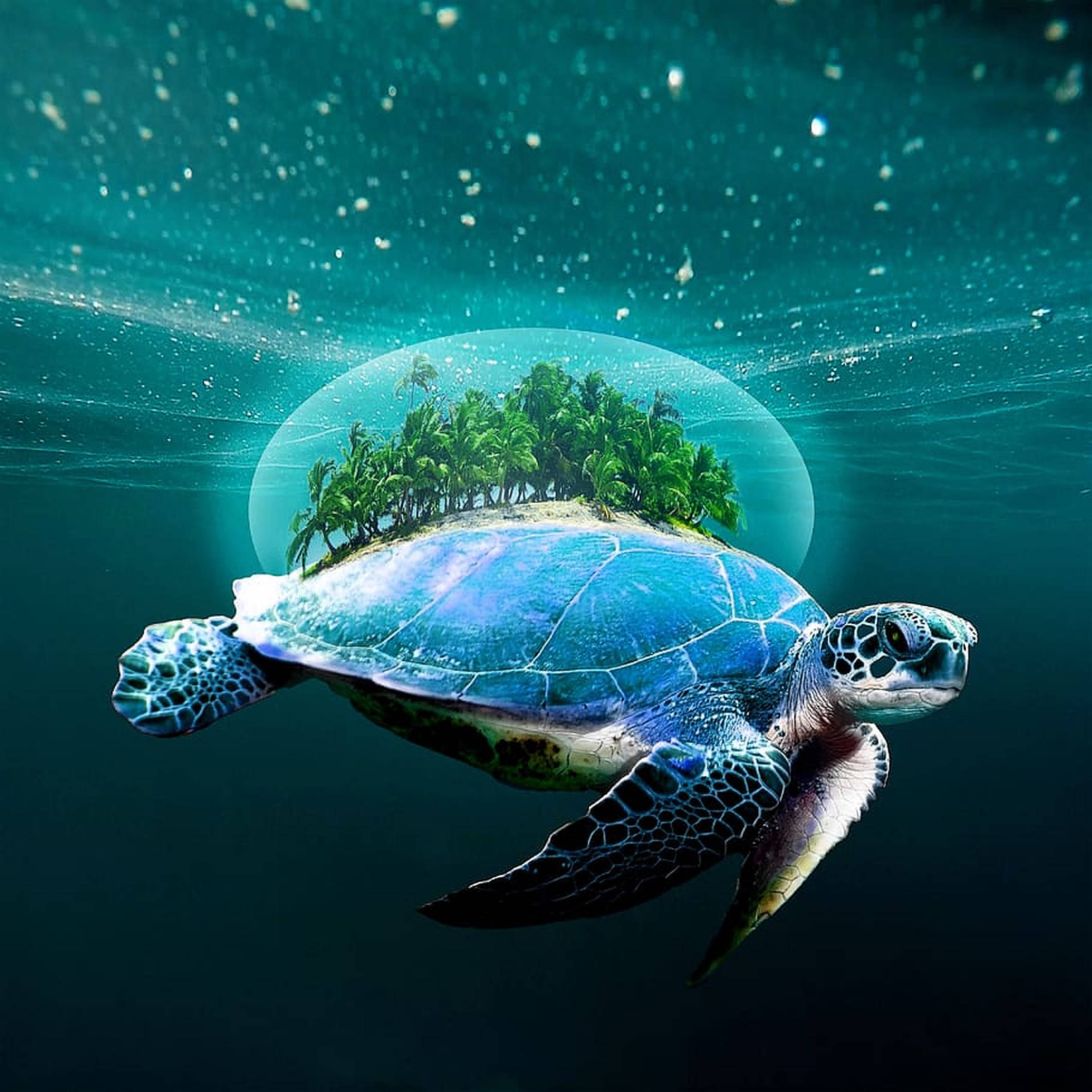 sea turtle, turquoise water, glowing bubble, Full HD Desktop Wallpaper