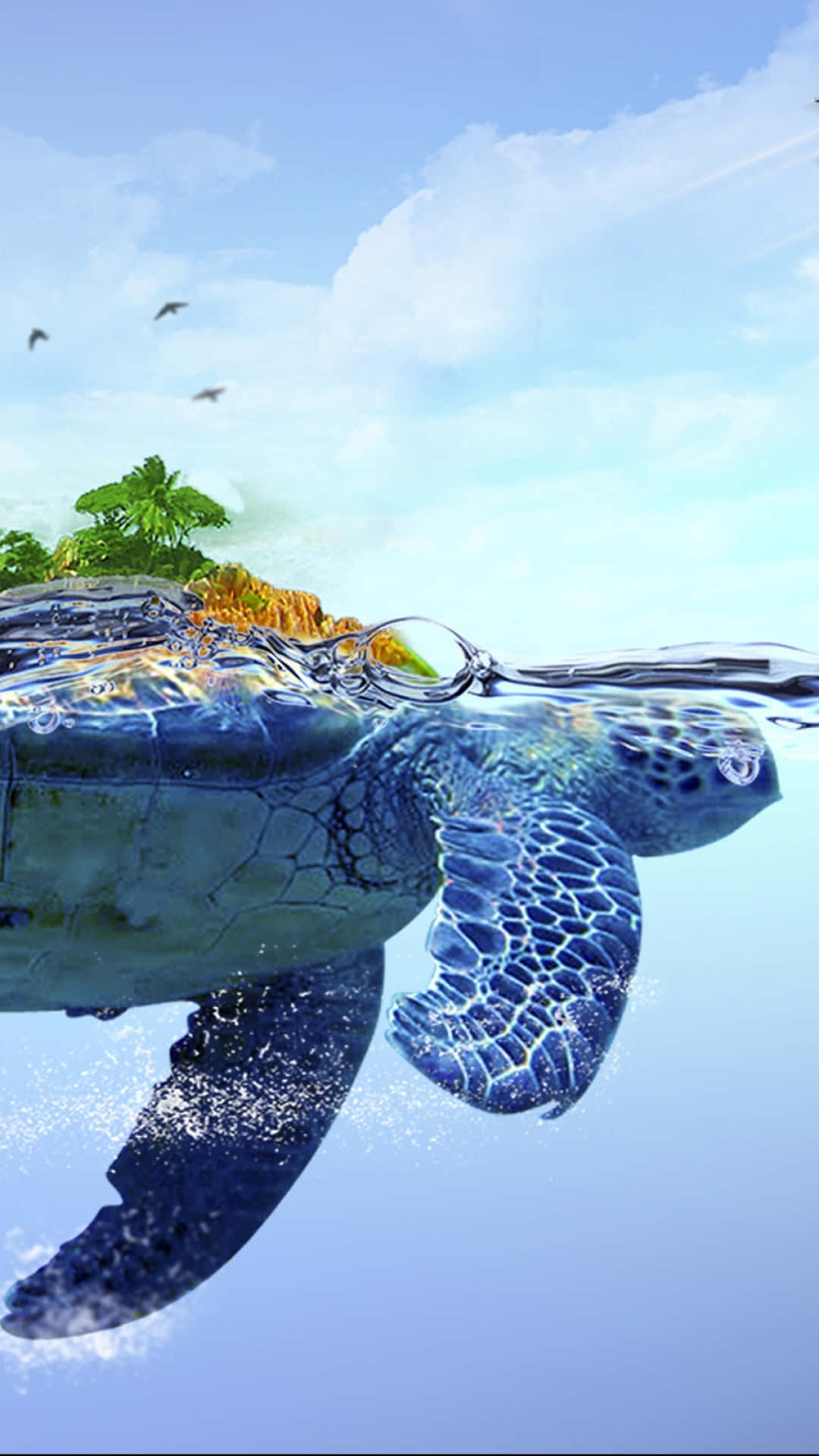 turtle, ocean, tropical island, Full HD Phone Wallpaper