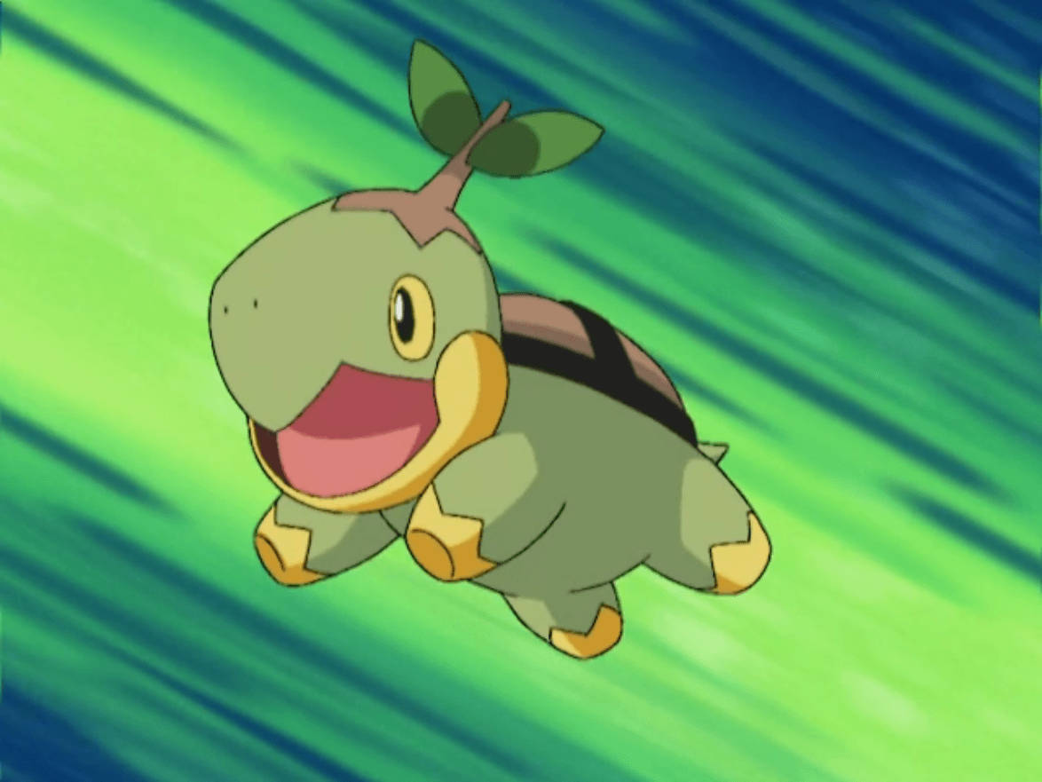 Turtwig, leaf on its head, streaked green and blue motion blur background, SD Desktop Wallpaper