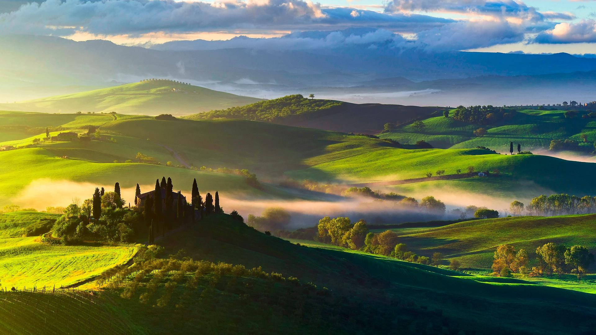 Gloomy Gentle Hills Of Tuscany, rolling green hills, cypress trees, Full HD Desktop Wallpaper