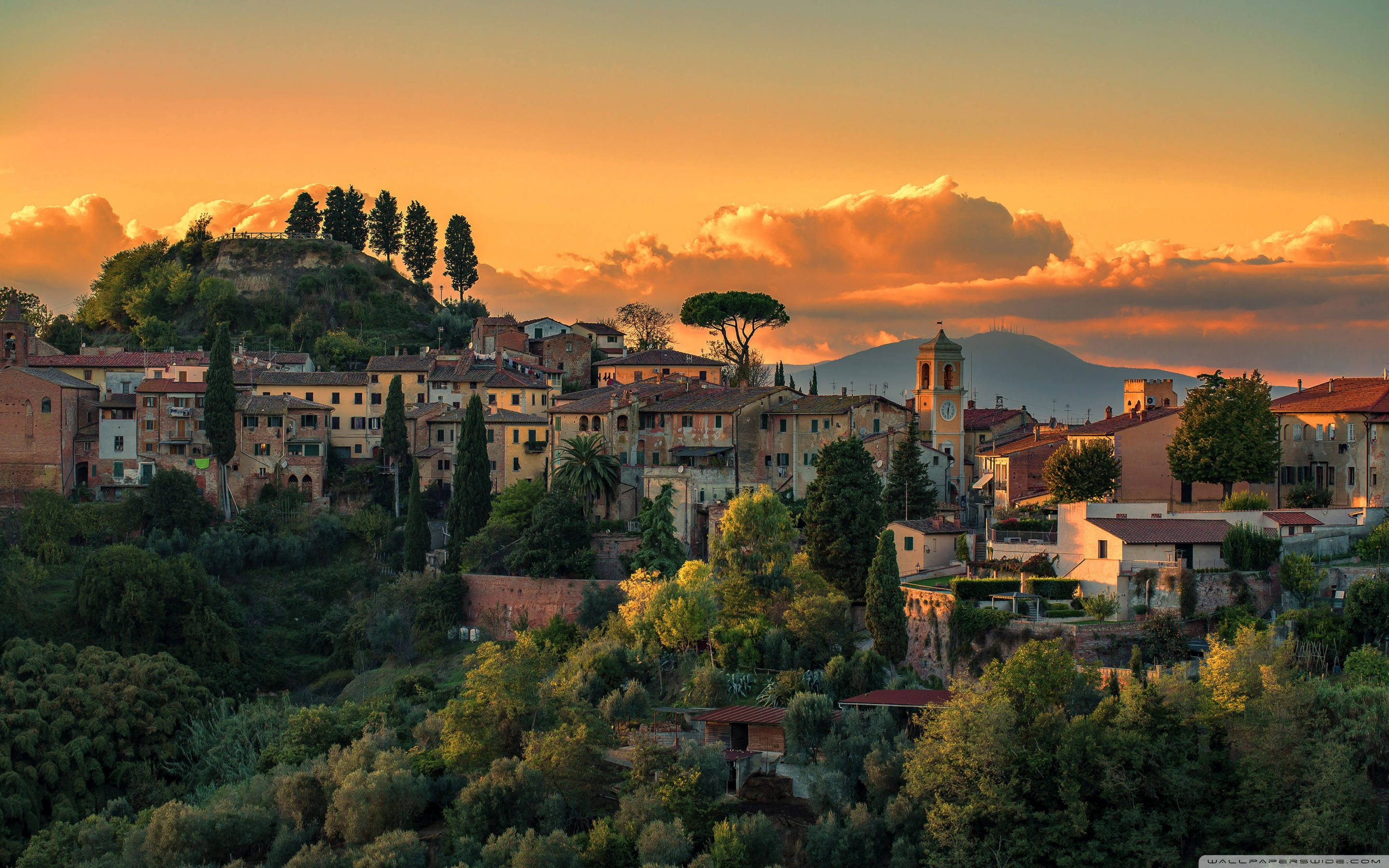 Sunset, village, Tuscany, 2K Desktop Wallpaper