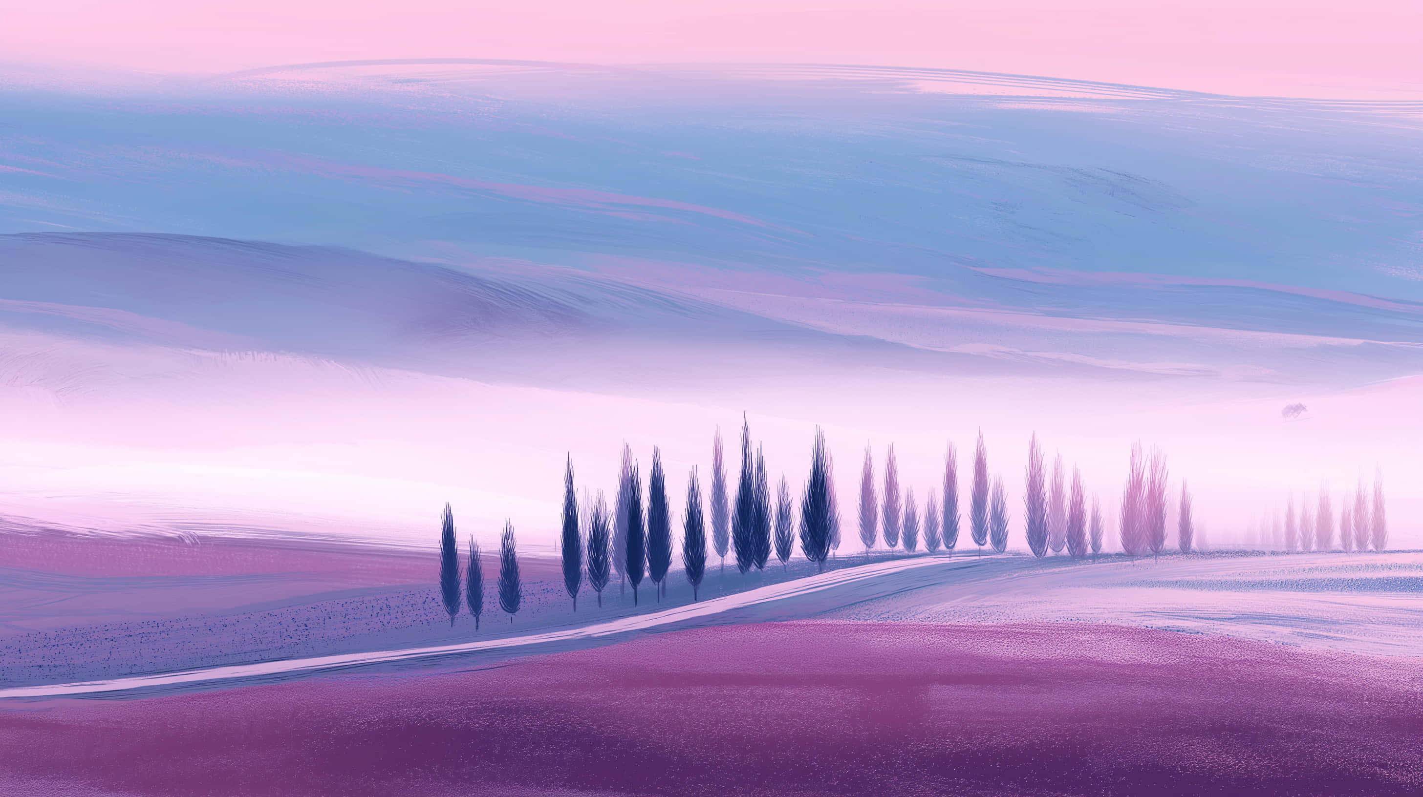 misty tuscany hills, winding road, soft pink and blue sky, 2K Desktop Wallpaper