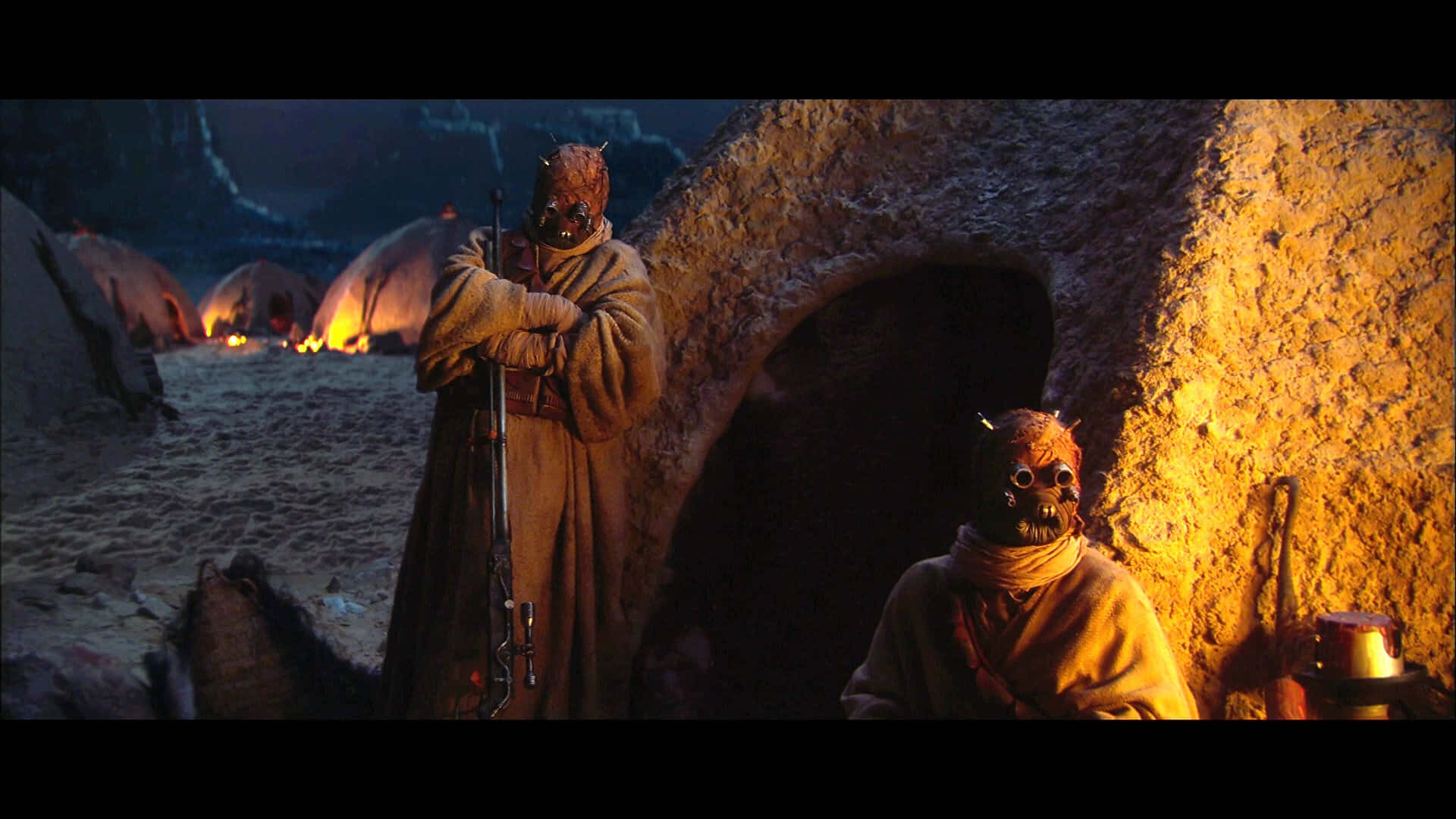 Tusken Raiders, sandstone dwelling, starry desert night sky, Full HD Desktop Wallpaper