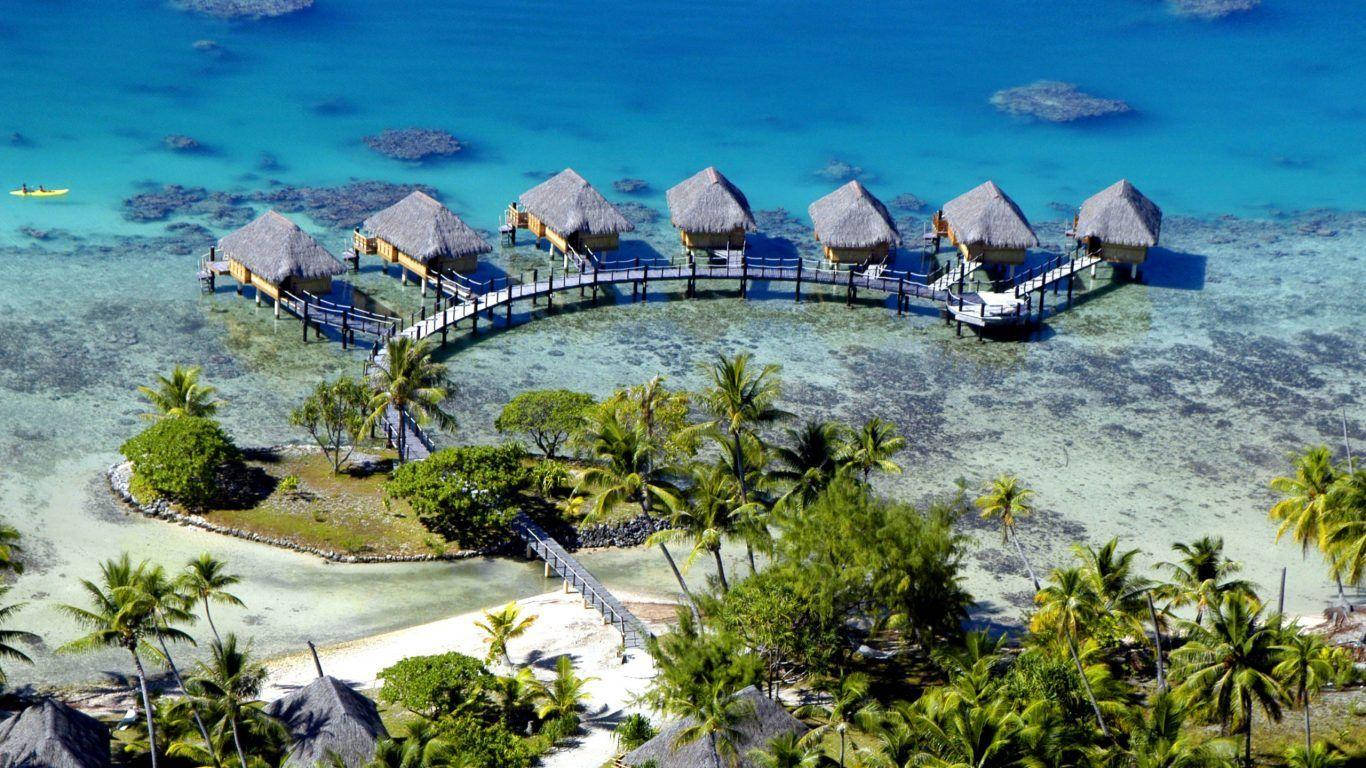 Tuvalu, luxury overwater bungalows, thatched roofs, HD Desktop Wallpaper