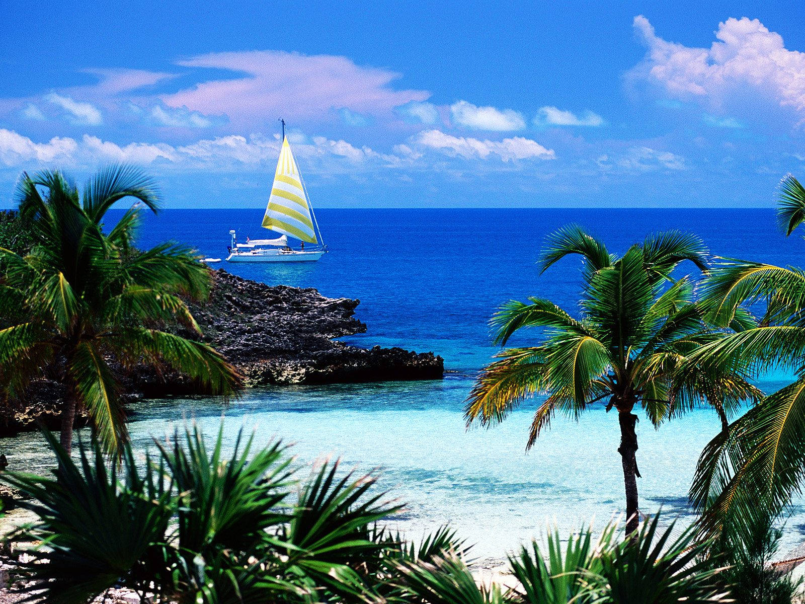 Tuvalu, sailboat, yellow and white striped sails, HD Desktop Wallpaper
