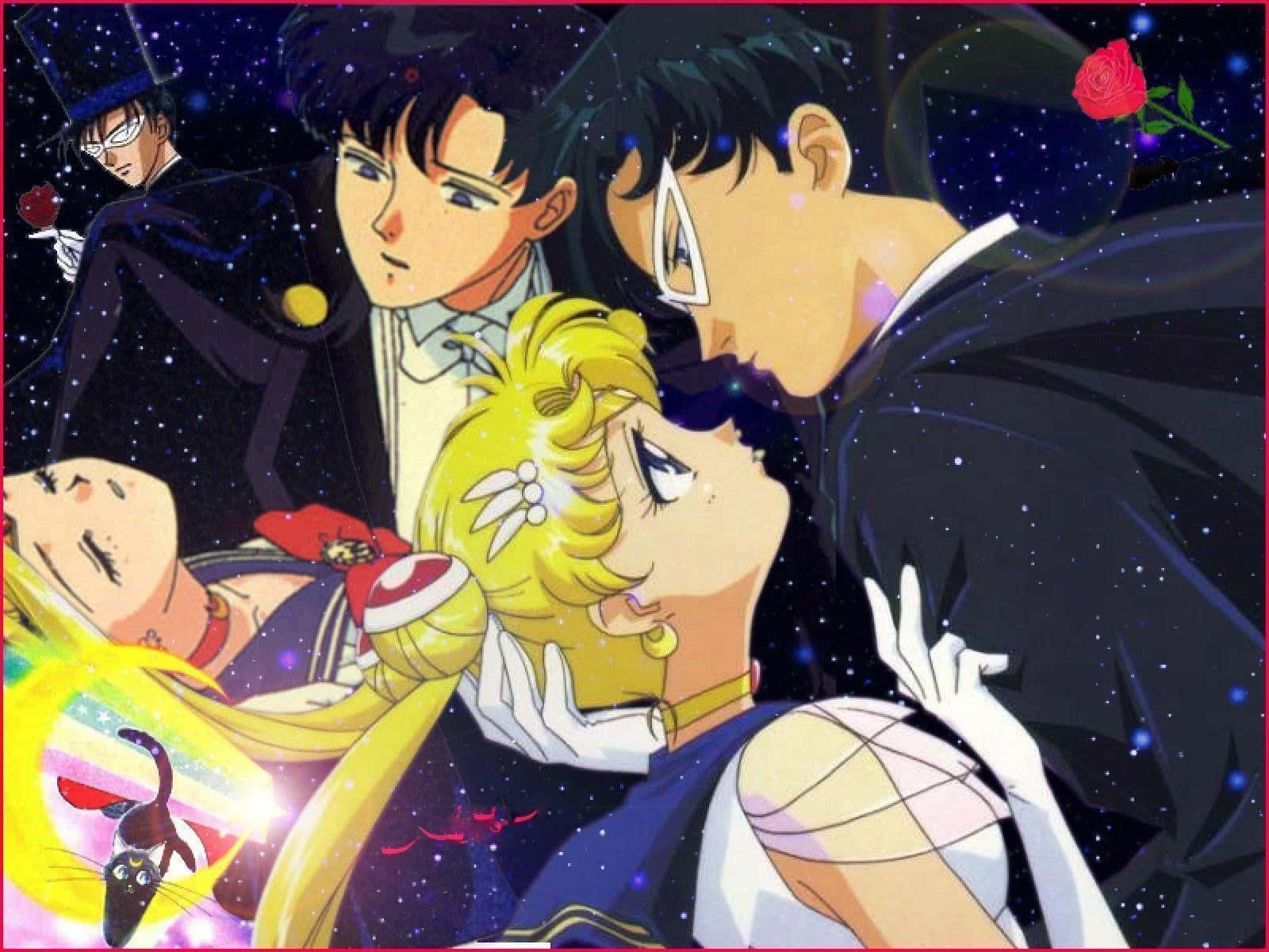Tuxedo Mask, starry night scene, red rose, HD Desktop Wallpaper