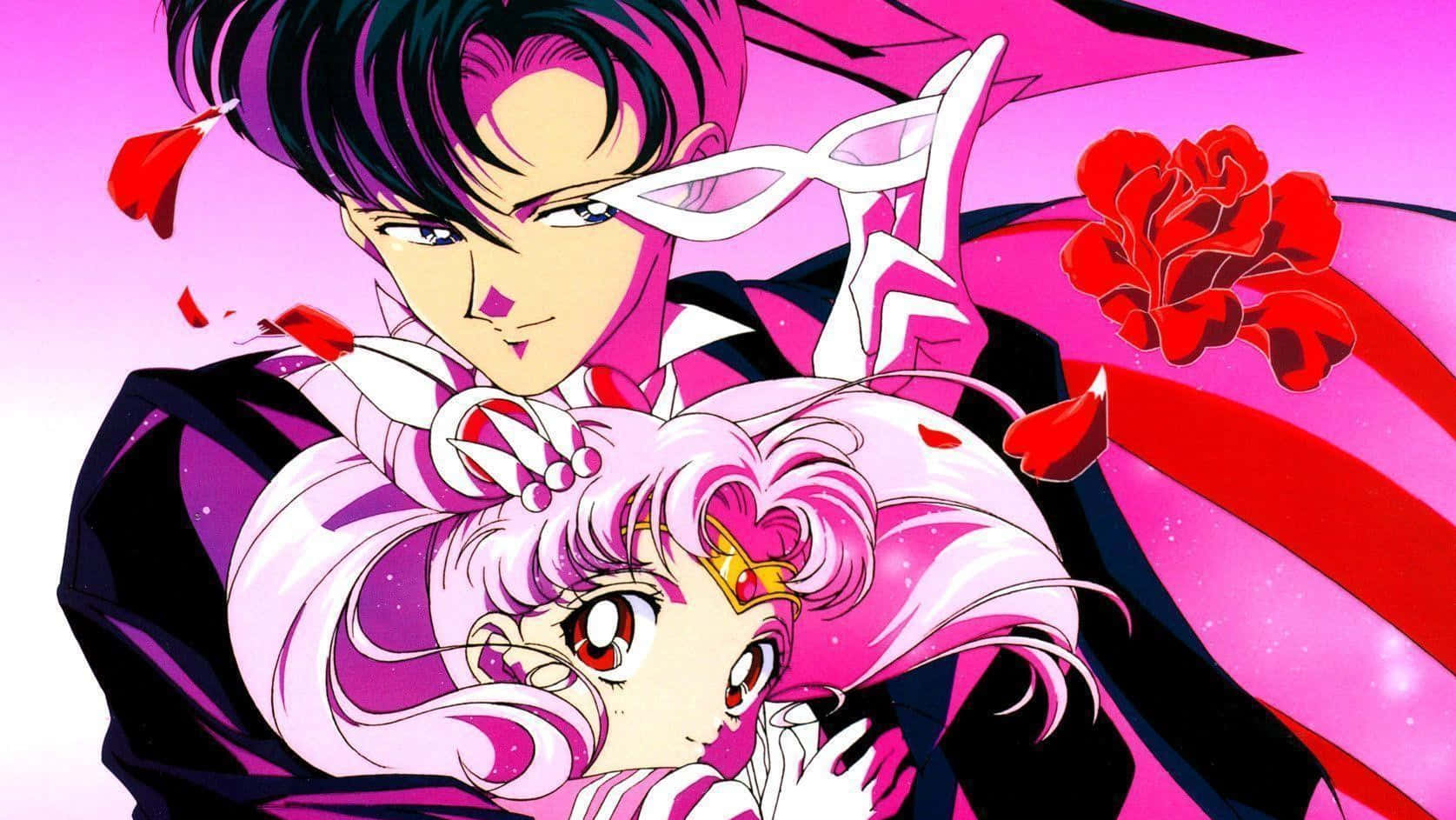 Tuxedo mask, dark-haired male character, pink-haired female character, HD Desktop Wallpaper