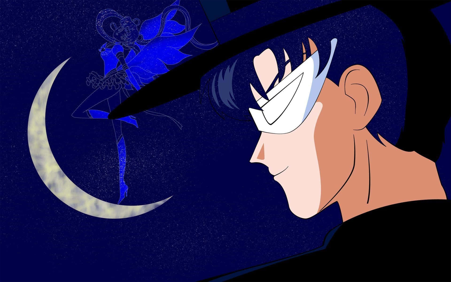 Tuxedo Mask, glowing crescent moon, blue-winged warrior, Full HD Desktop Wallpaper