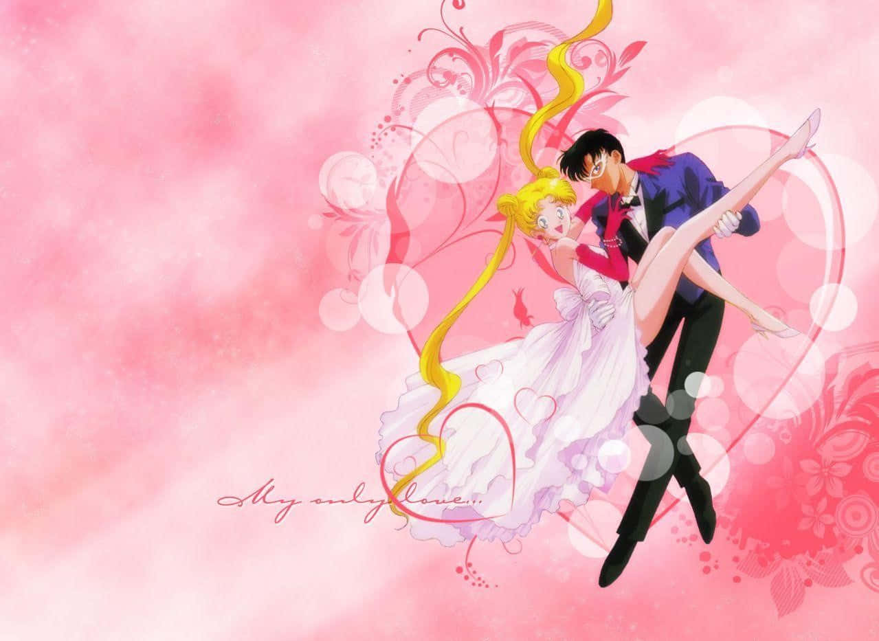 Tuxedo Mask, dreamy pink heart-shaped swirl, floral accents, SD Desktop Wallpaper