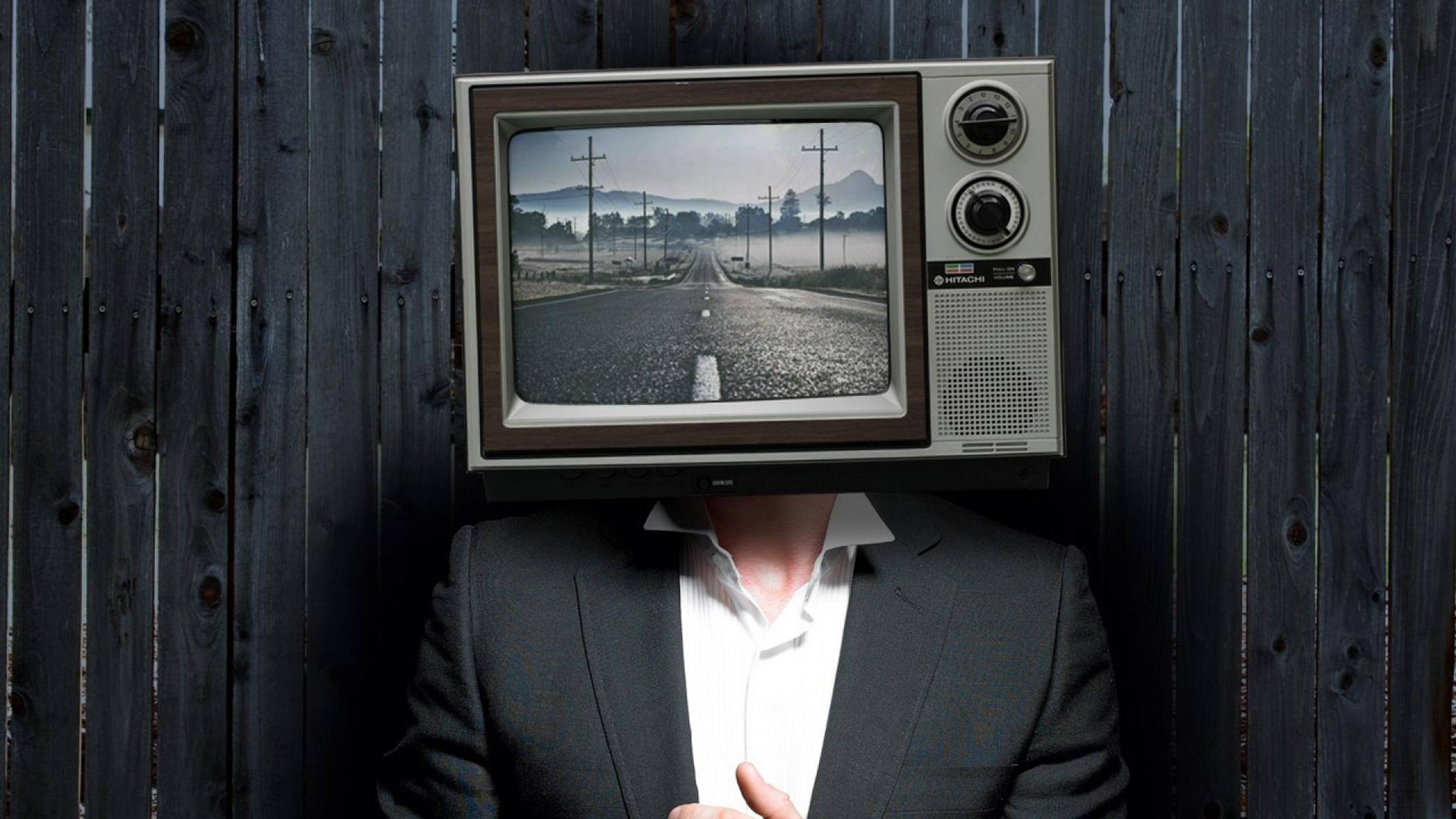 vintage TV, misty rural road, dark wooden wall, Full HD Desktop Wallpaper