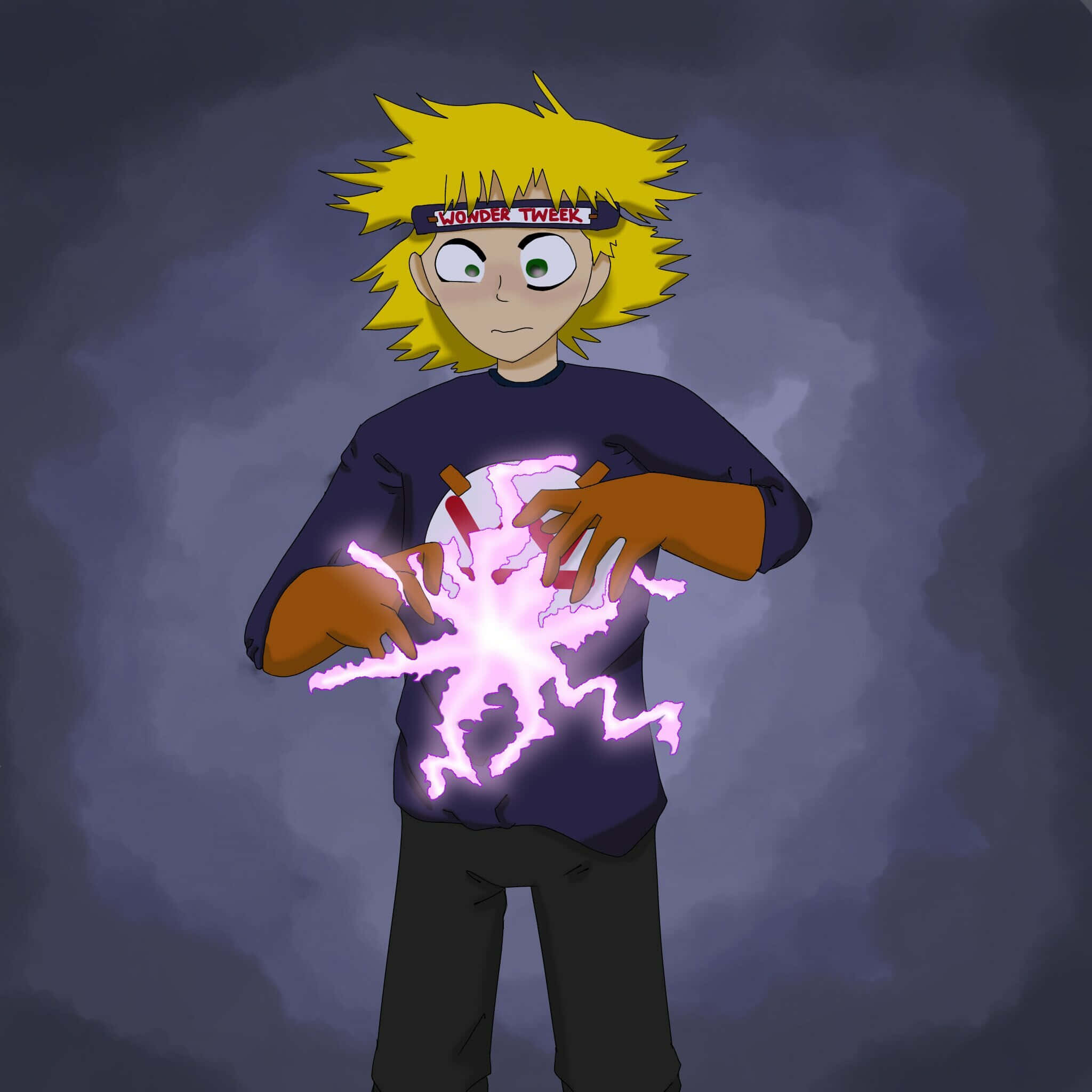 spiky-haired anime character, green eyes, glowing purple lightning, Full HD Desktop Wallpaper