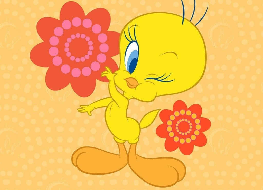 Tweety Bird, yellow cartoon bird, red and pink flowers, SD Desktop Wallpaper