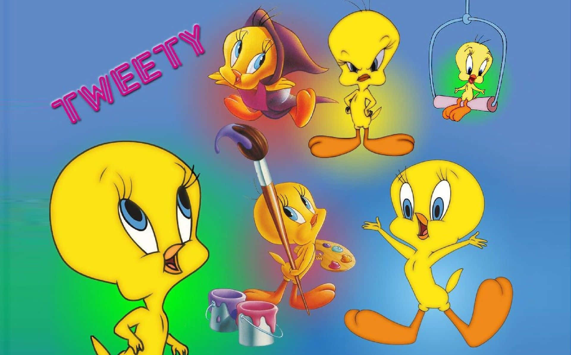 Tweety Bird, gradient blue and green background, cartoon collage, Full HD Desktop Wallpaper
