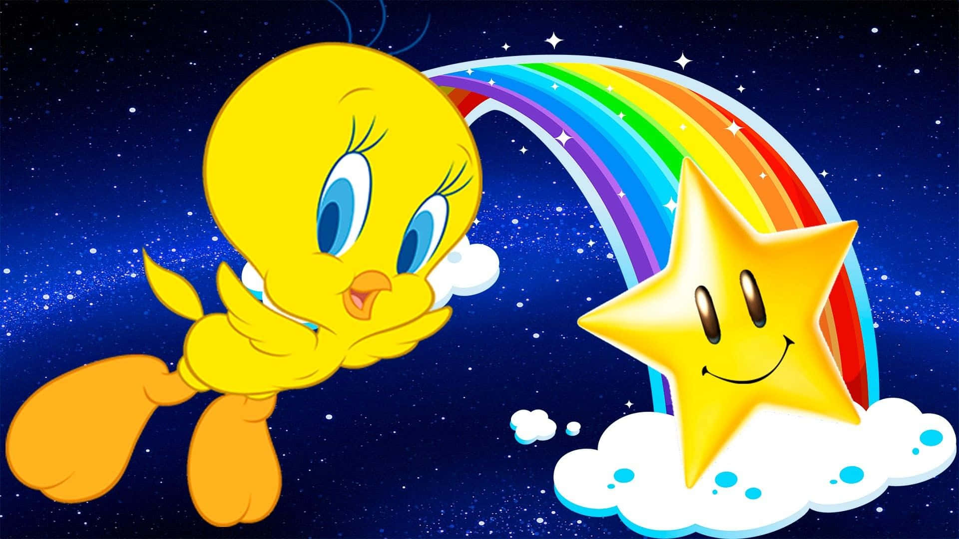 Tweety Bird, starry night sky, smiling star, Full HD Desktop Wallpaper