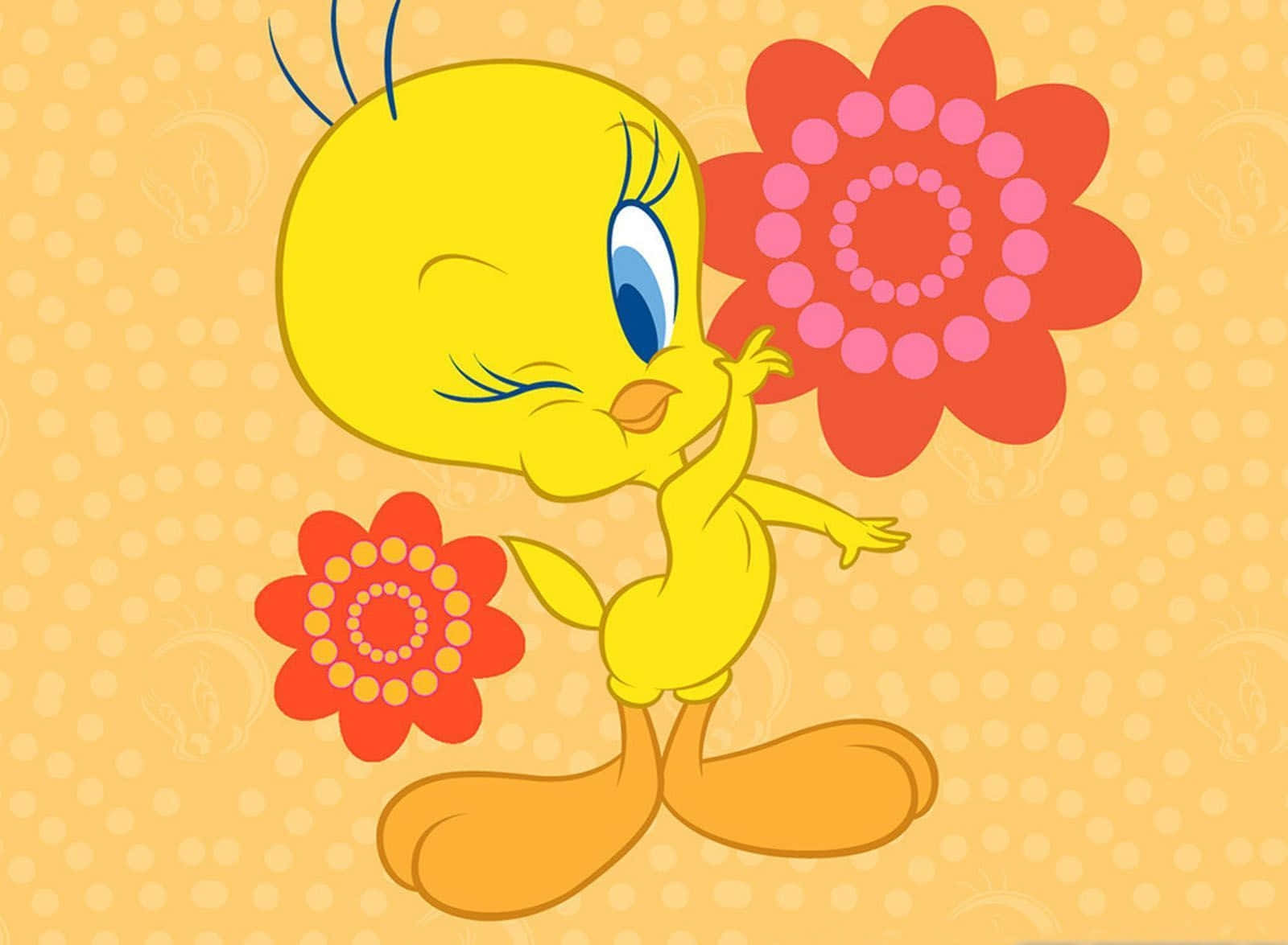 Tweety Bird, yellow cartoon bird, stylized red flowers, HD Desktop Wallpaper