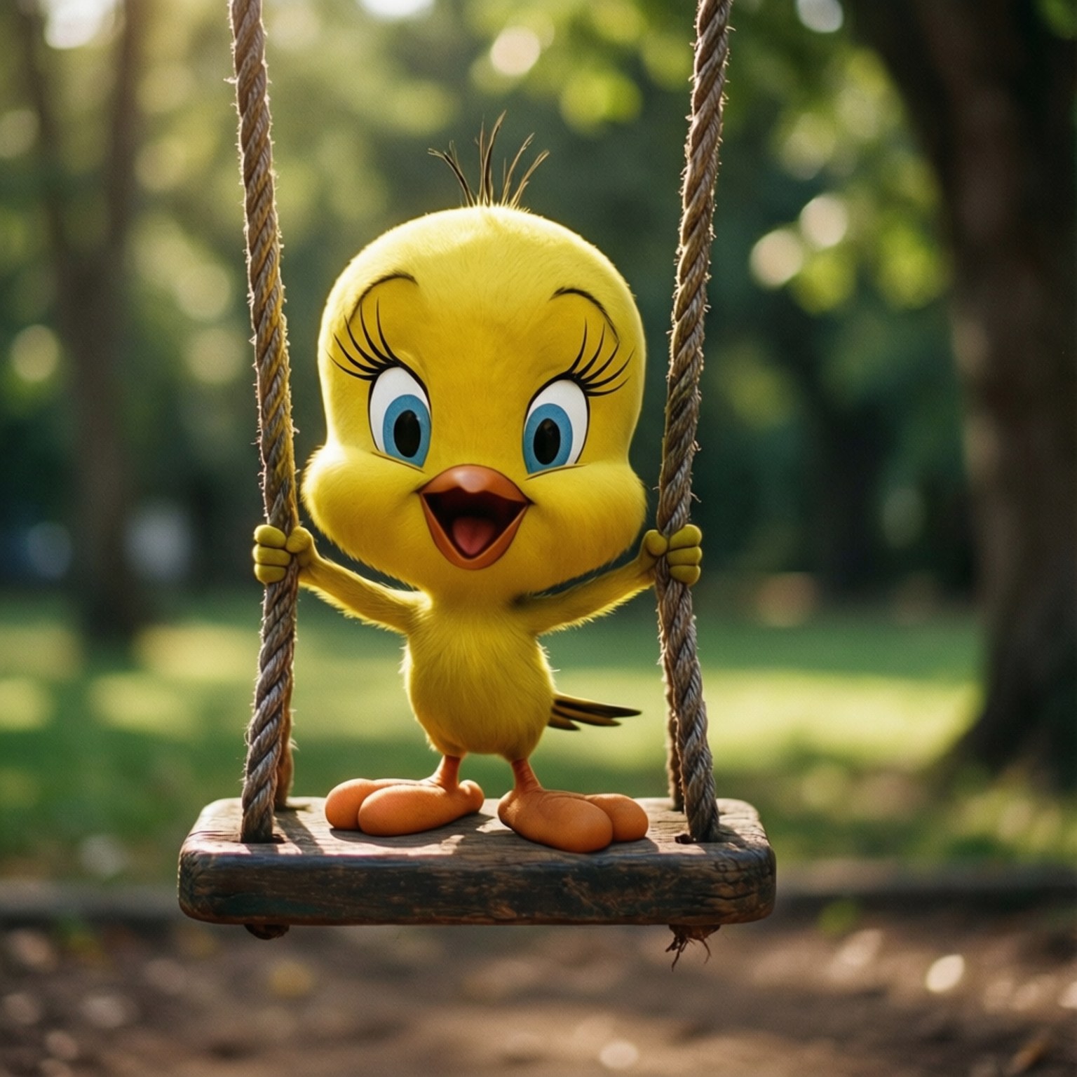 Tweety, wooden swing, sunlit park, HD Desktop Wallpaper