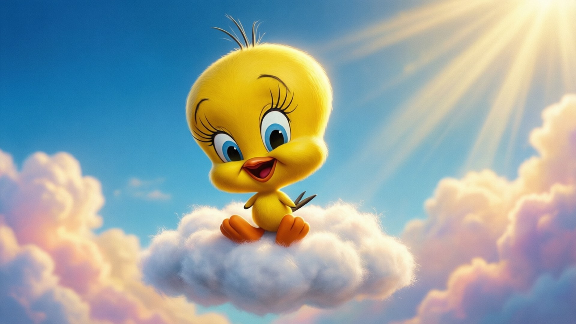 Tweety, yellow cartoon bird, fluffy cloud, Full HD Desktop Wallpaper