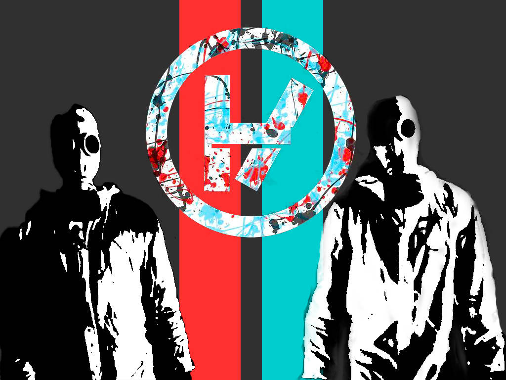 Twenty One Pilots, gas masks, graffiti-covered circular logo, SD Desktop Wallpaper