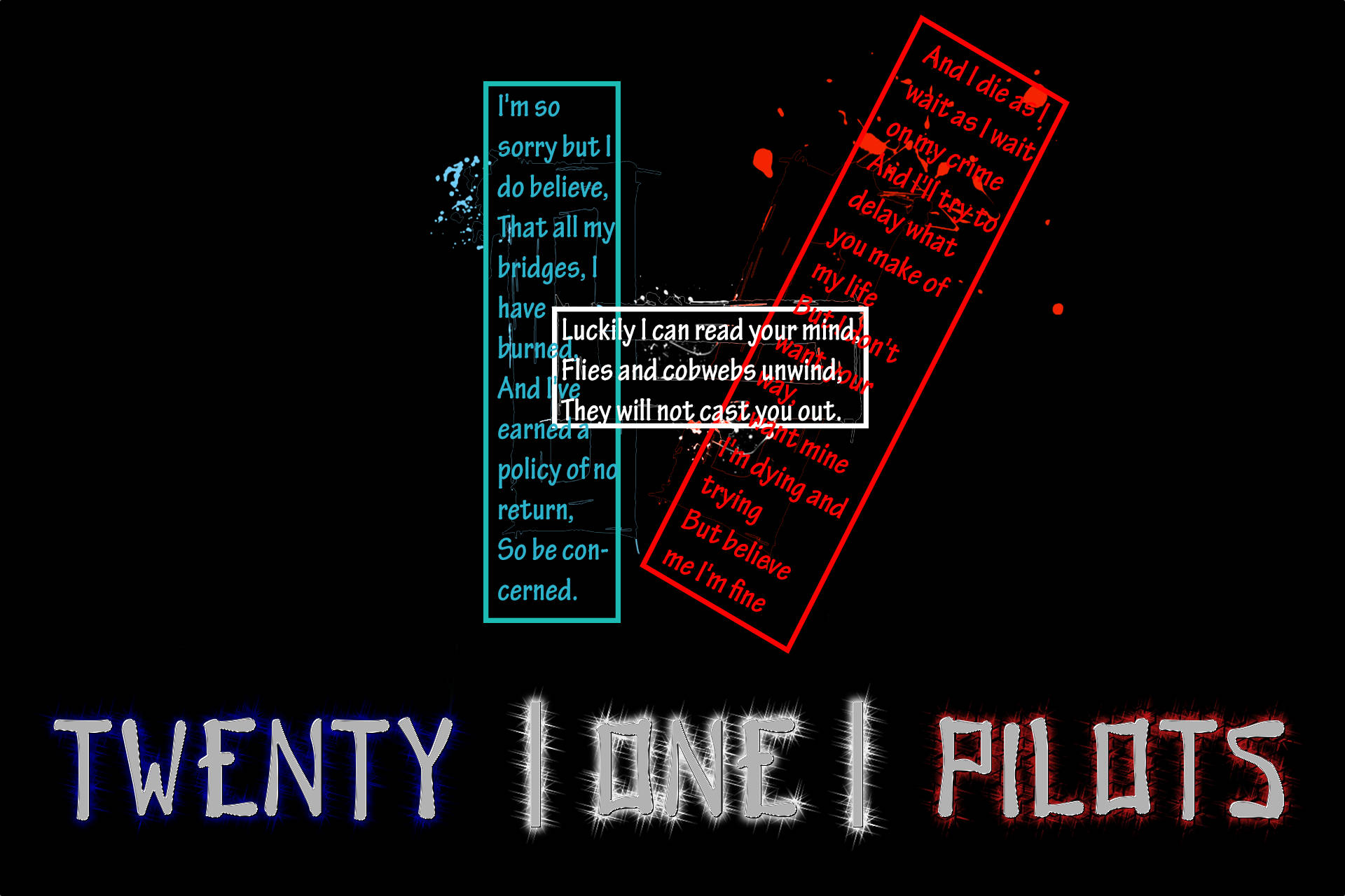 Twenty One Pilots, red and blue boxes, glowing text fragments, Full HD Desktop Wallpaper