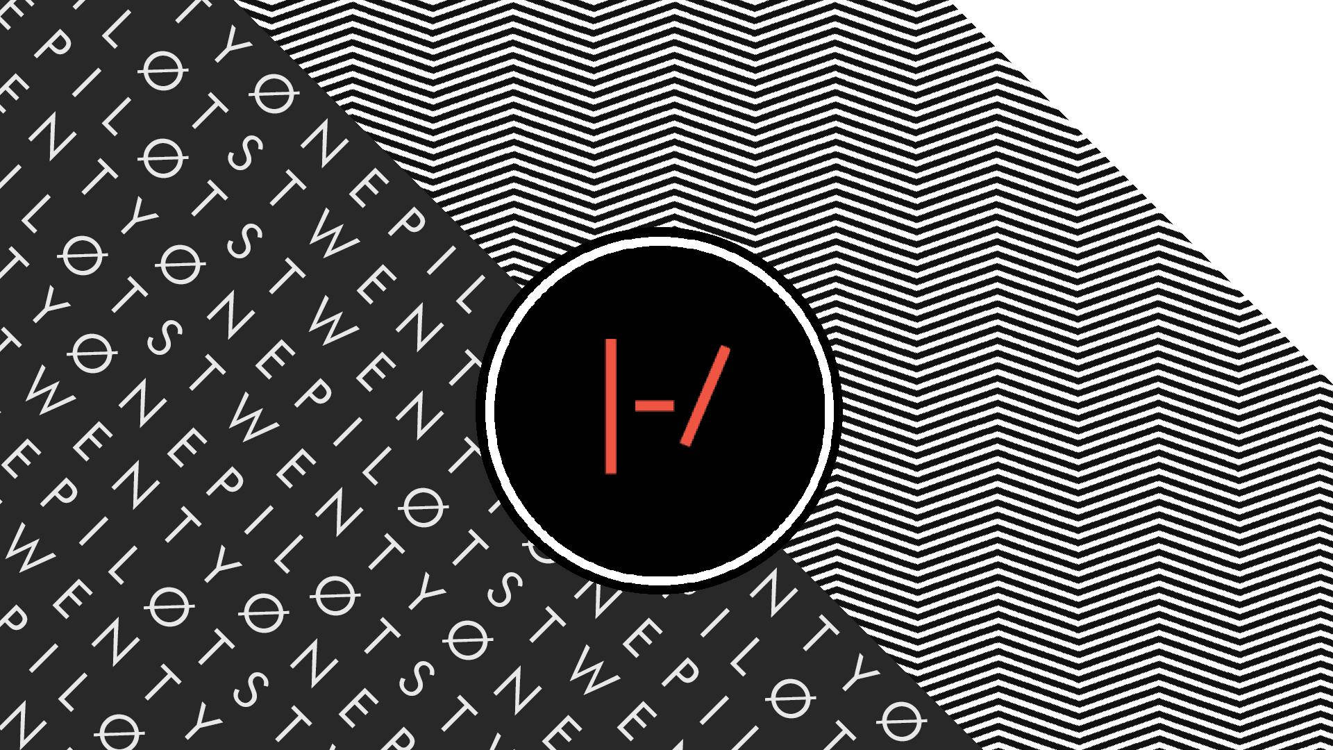 Twenty One Pilots, black and white zigzag patterns, central red logo, Full HD Desktop Wallpaper