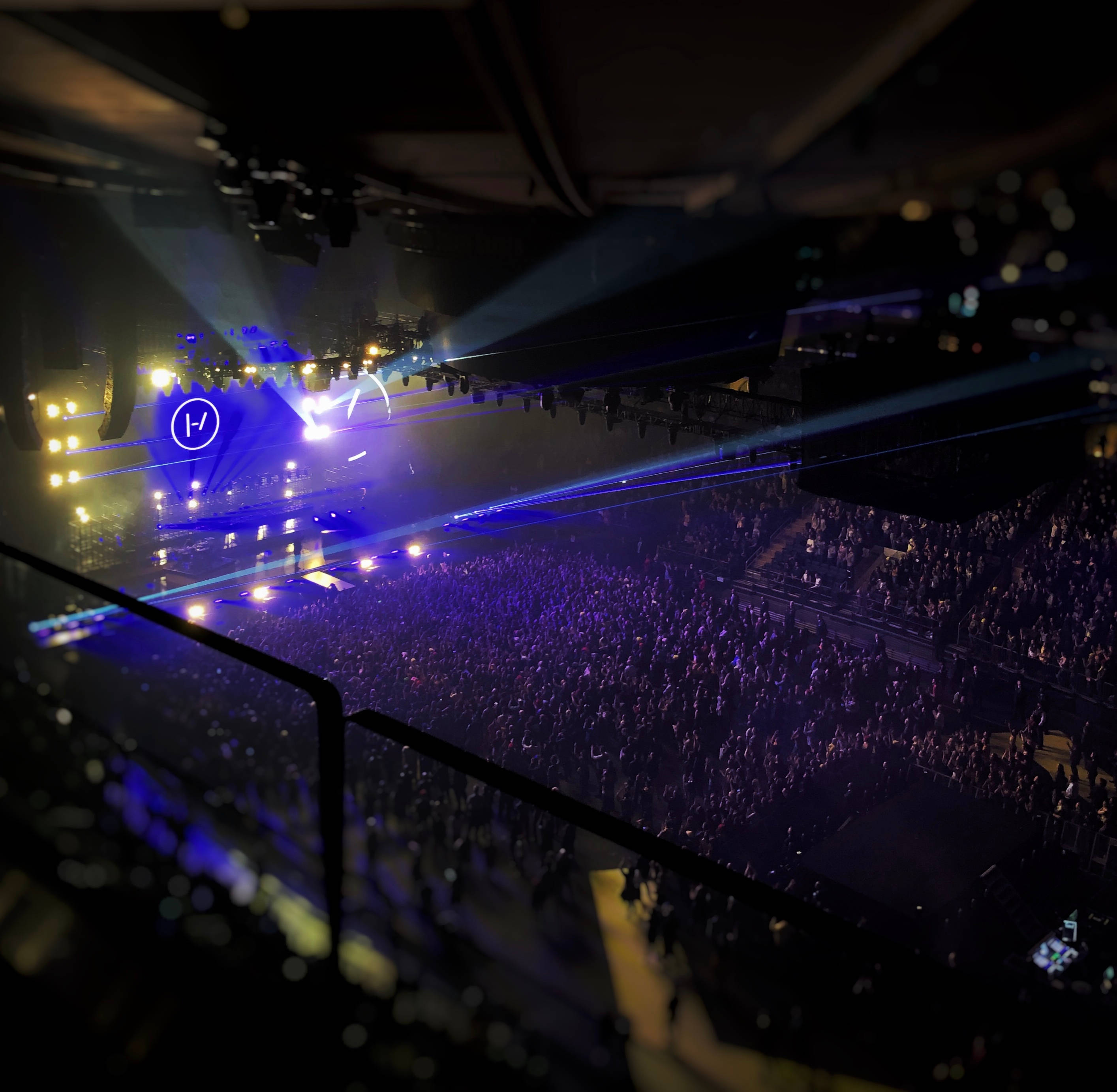 Twenty One Pilots, concert arena, vibrant blue laser lights, 2K Desktop Wallpaper