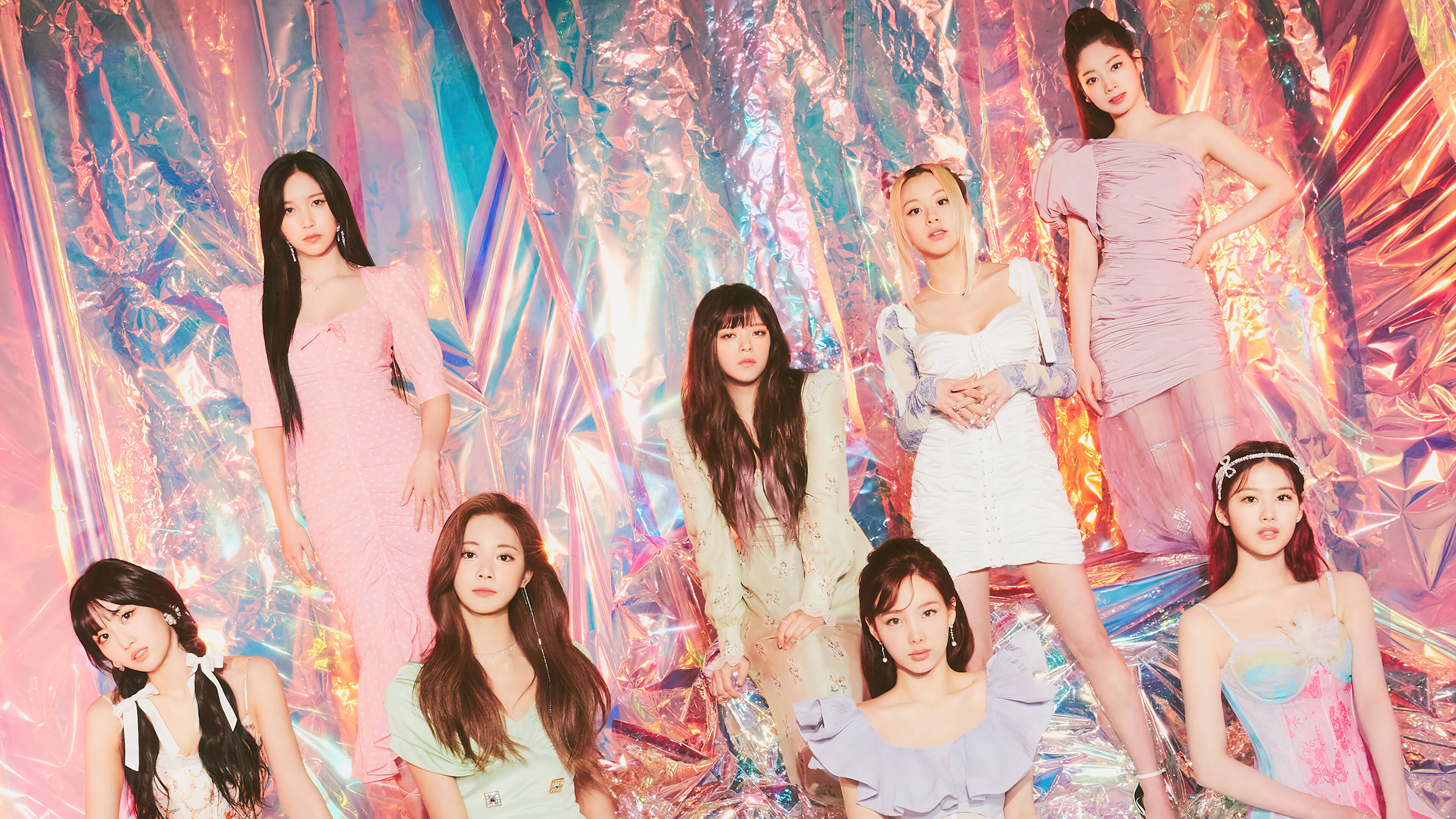 Twice 4K, pastel dresses, shimmering iridescent foil backdrop, 4K Desktop Wallpaper