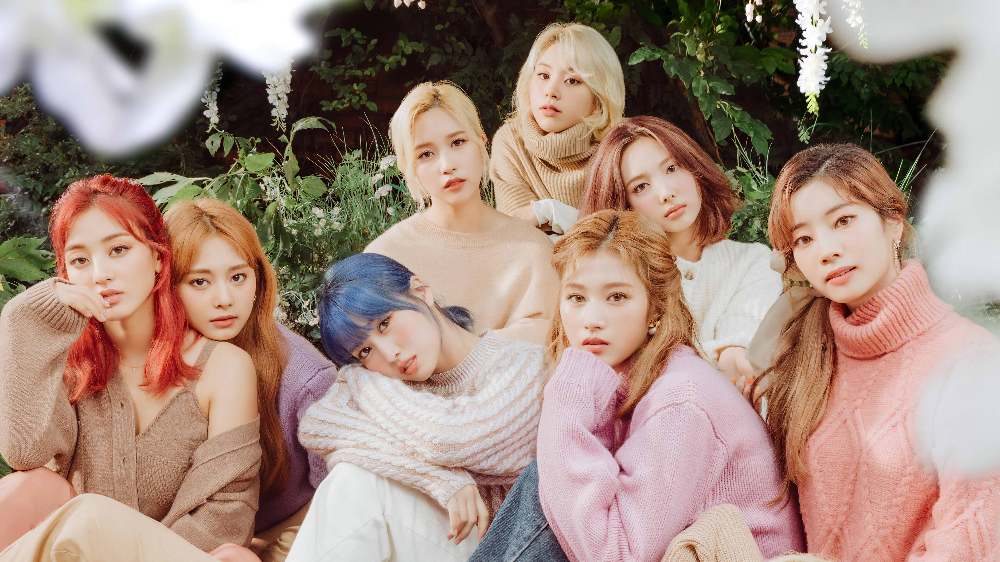 Twice 4K, green leaves backdrop, seven women, 4K Desktop Wallpaper
