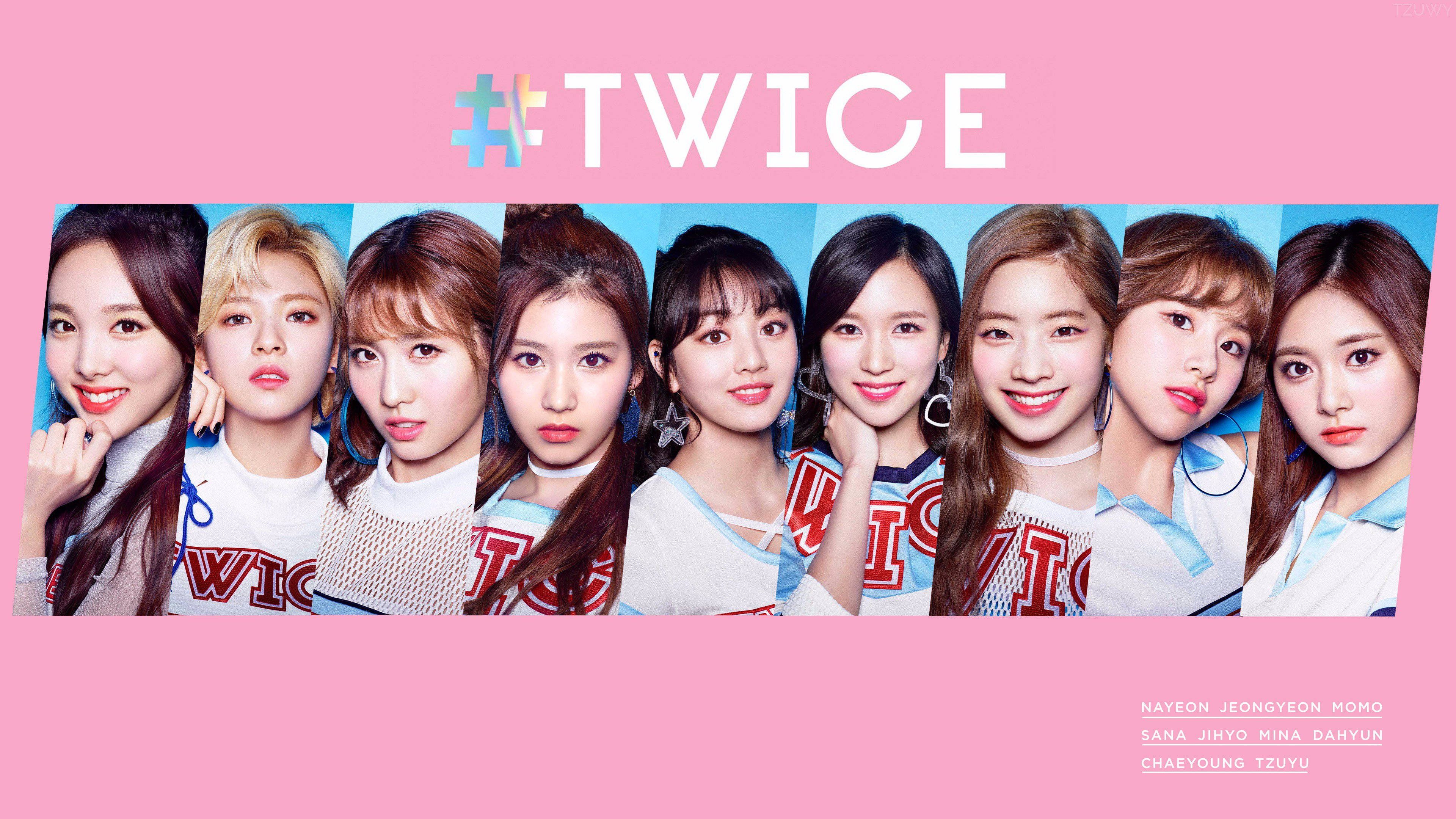 TWICE, pink backdrop border, vibrant pink and blue, 4K Desktop Wallpaper