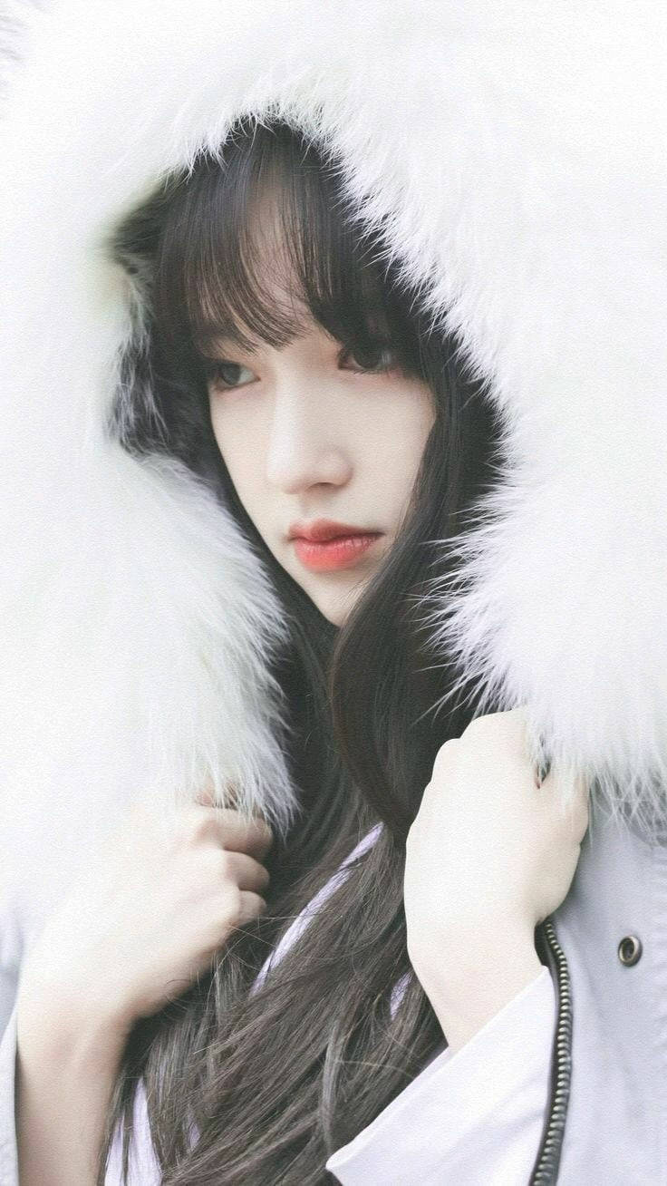 Twice Mina, dark hair, white fur-lined hooded jacket, HD Phone Wallpaper