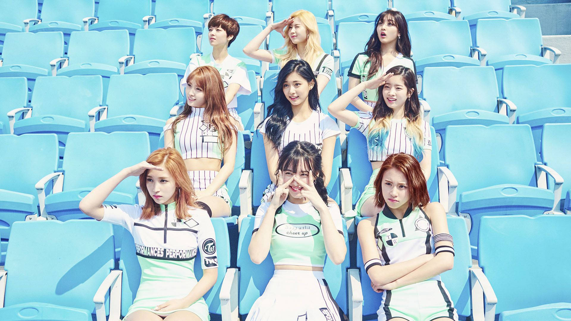 Twice, sporty outfits, bright blue stadium seats, Full HD Desktop Wallpaper