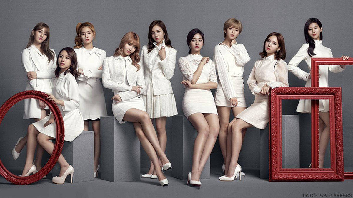TWICE, white outfits, ornate red picture frames, SD Desktop Wallpaper