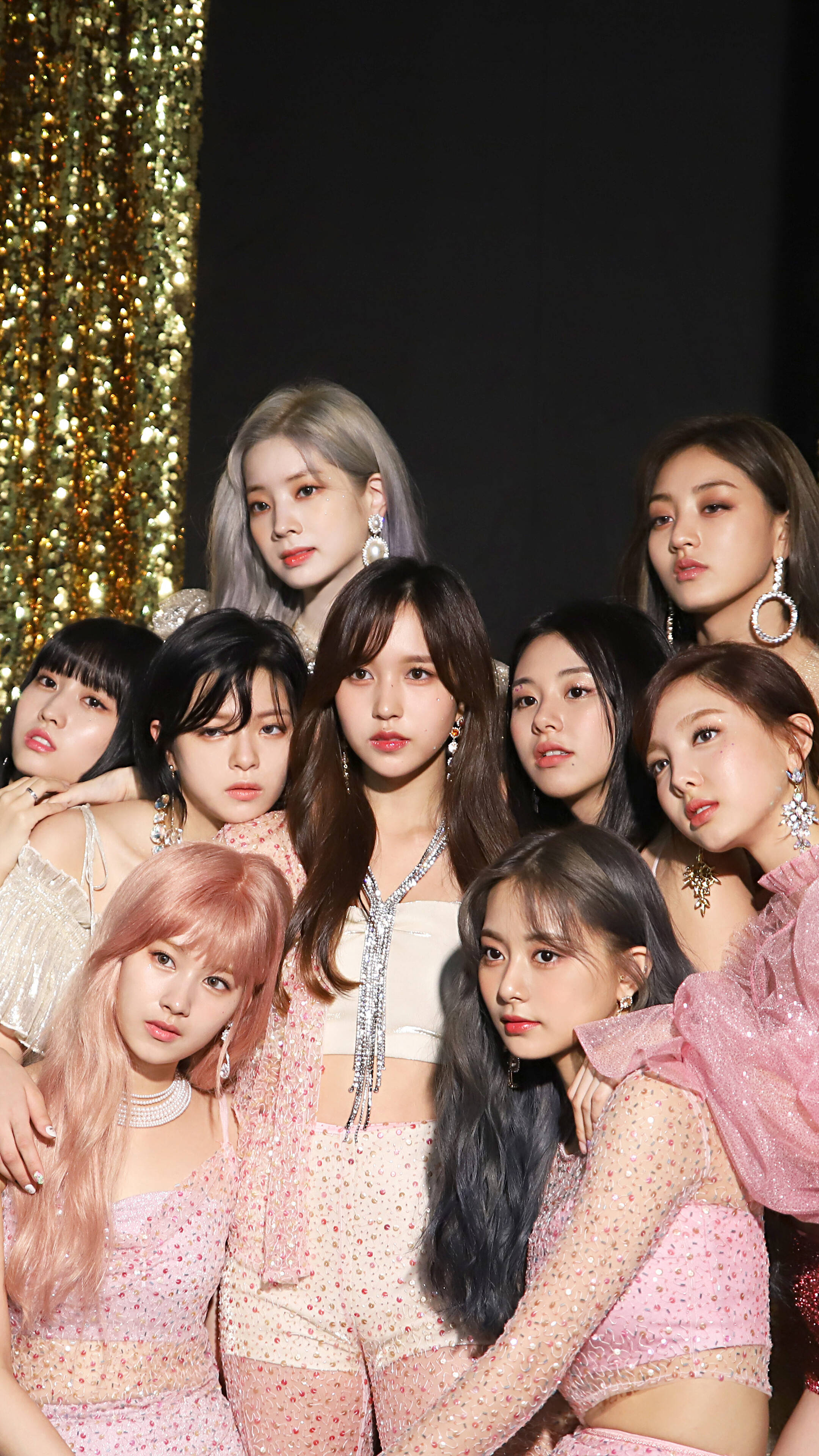 Twice, pink outfits, glittering gold backdrop, 4K Phone Wallpaper