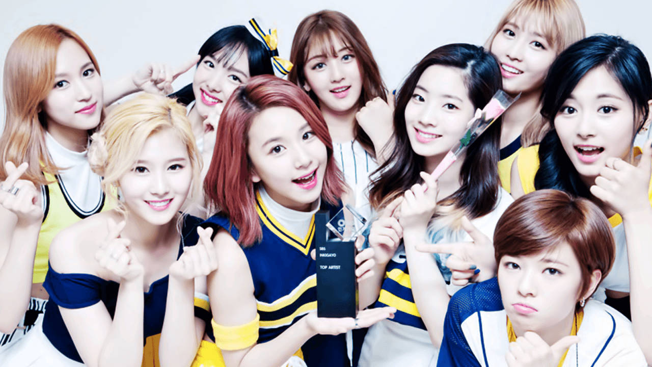 Twice, blue and yellow cheerleader outfits, trophy, HD Desktop Wallpaper