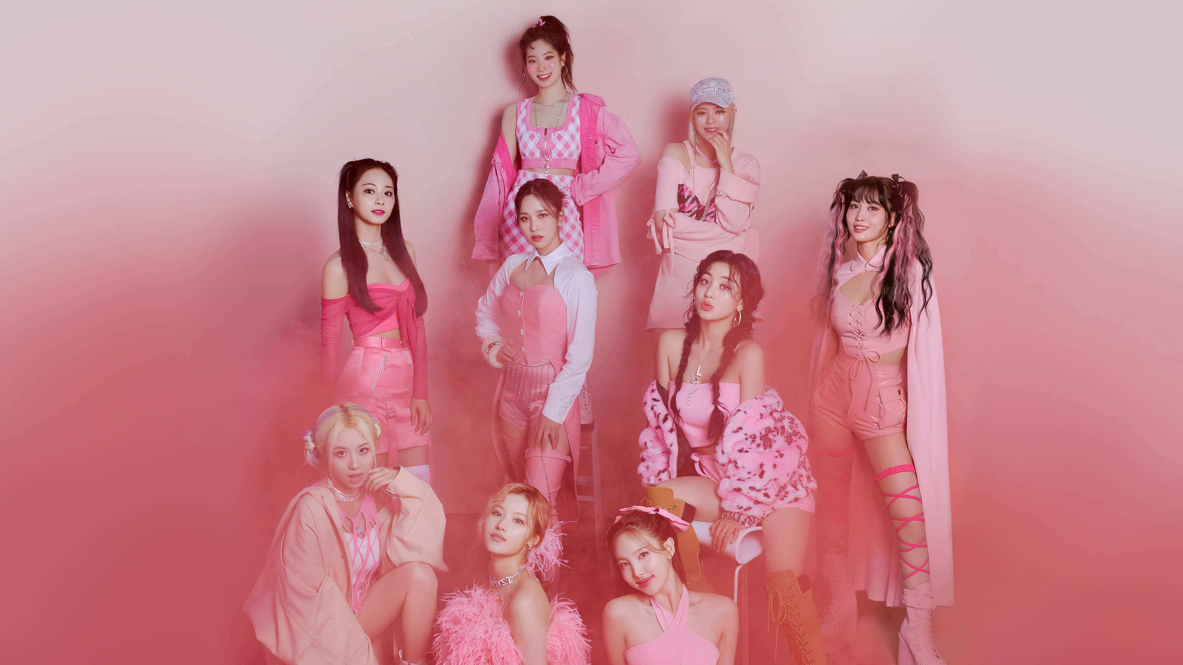Twice, smokey pink gradient, vibrant pink outfits, 4K Desktop Wallpaper