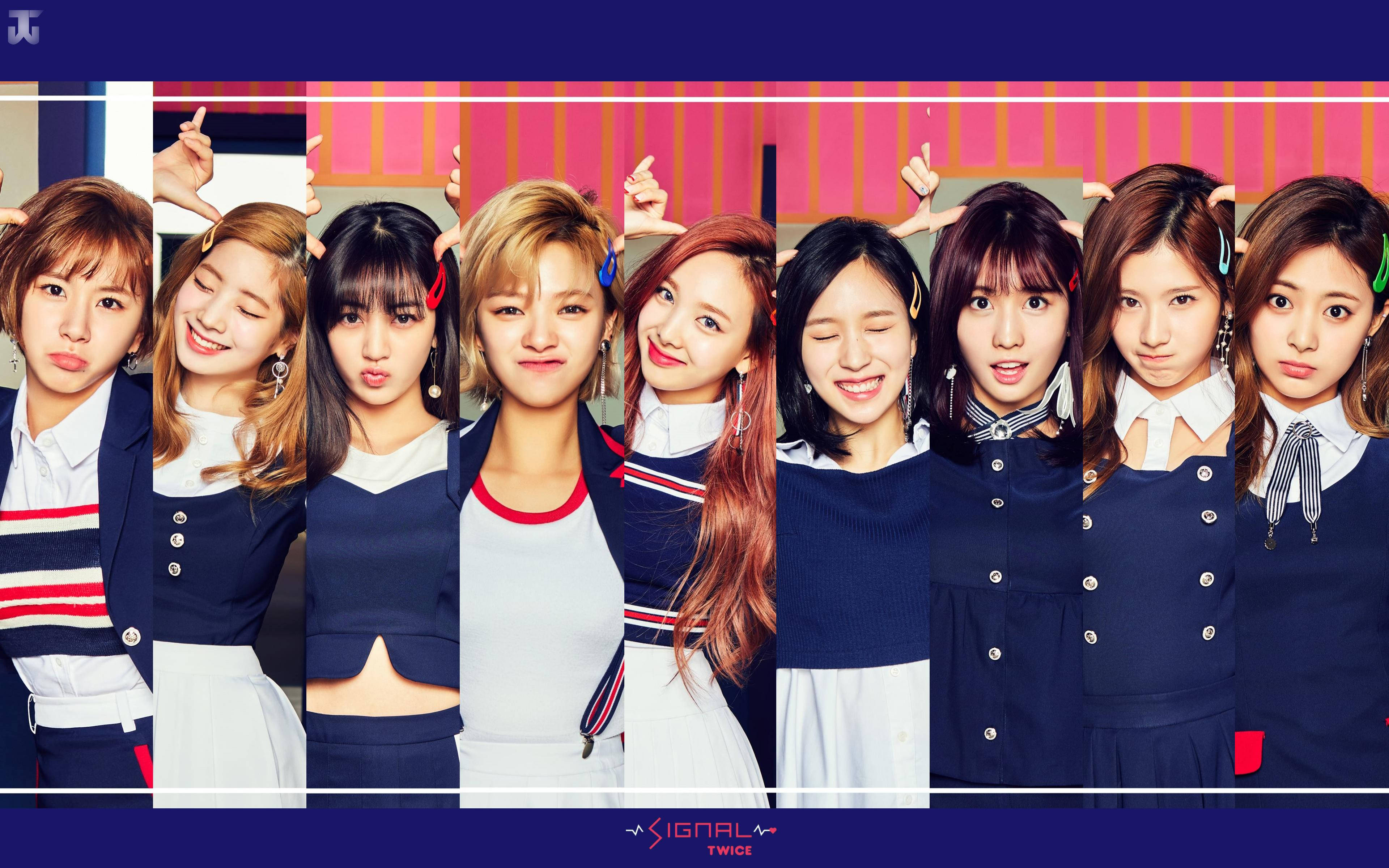 TWICE, navy and white outfits, vibrant pink and blue striped background, 4K Desktop Wallpaper