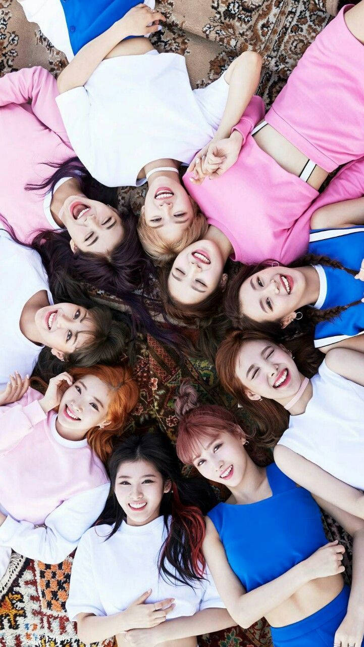 TWICE, pink and blue outfits, circle, HD Phone Wallpaper