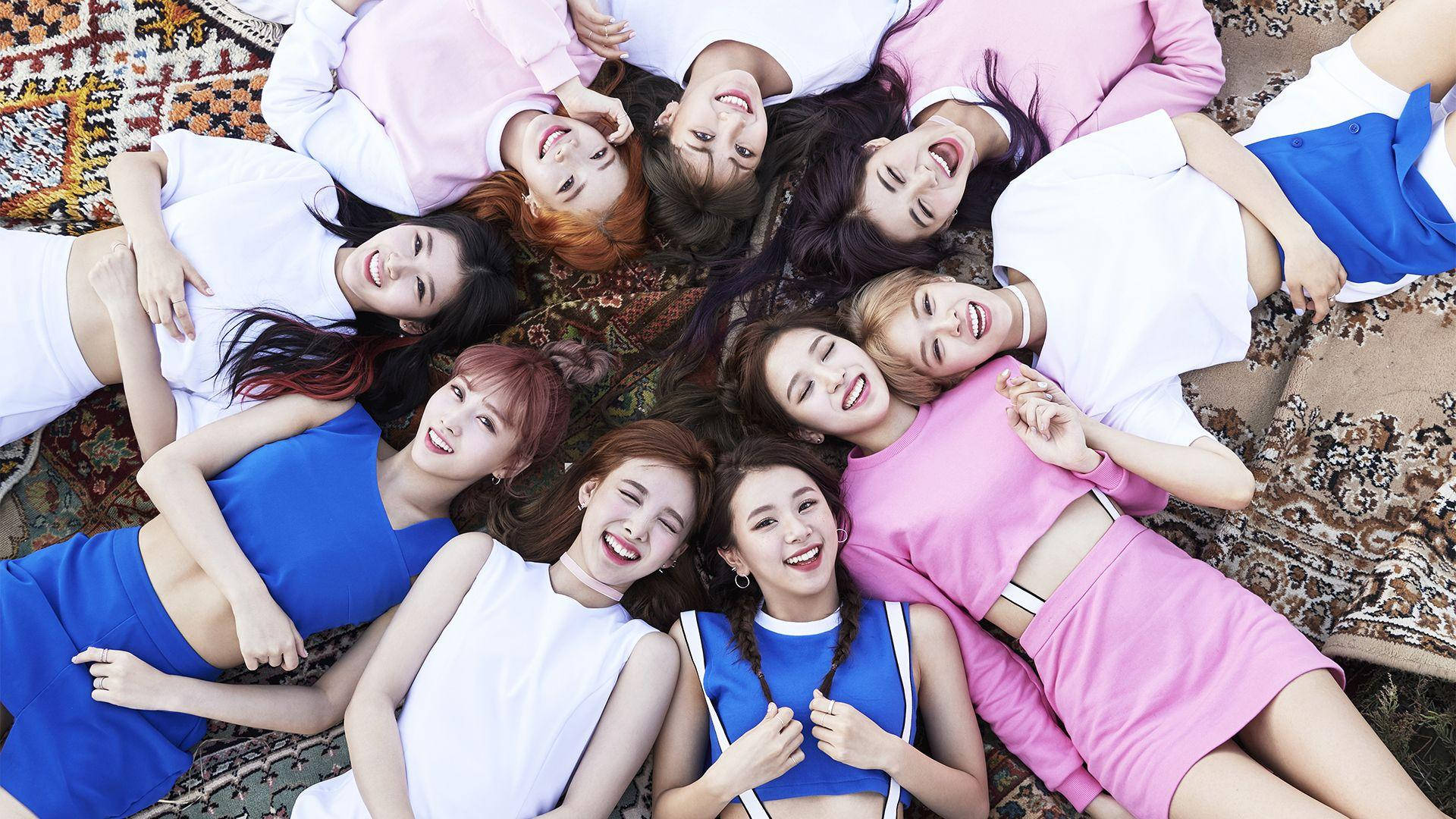 TWICE, pink and blue outfits, patterned rug, Full HD Desktop Wallpaper