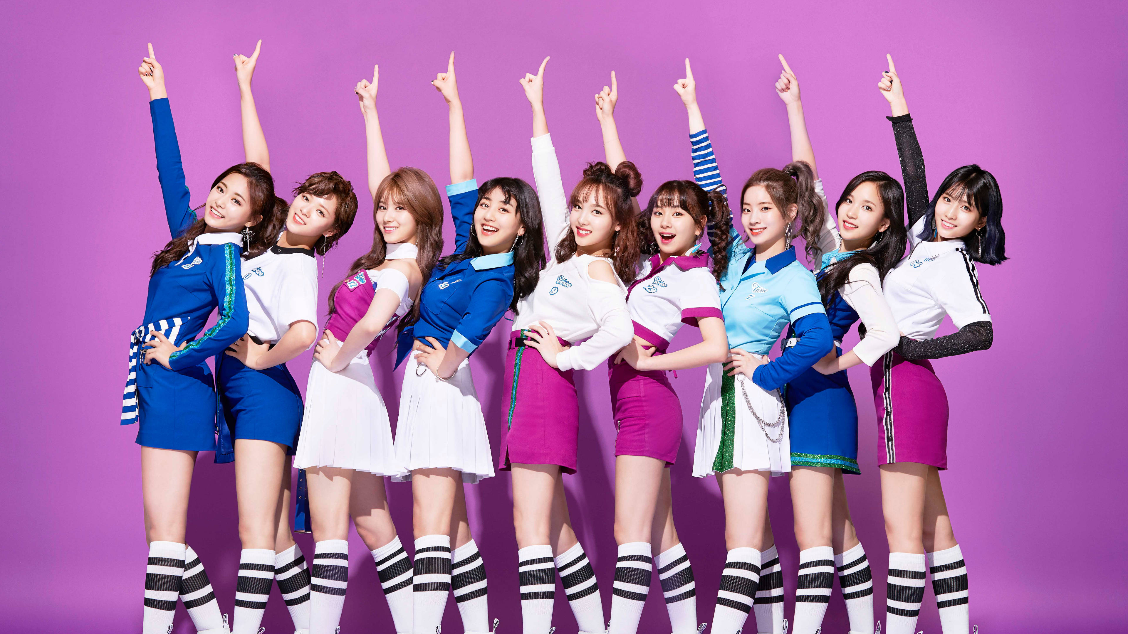 Twice, blue and pink outfits, solid purple background, 4K Desktop Wallpaper