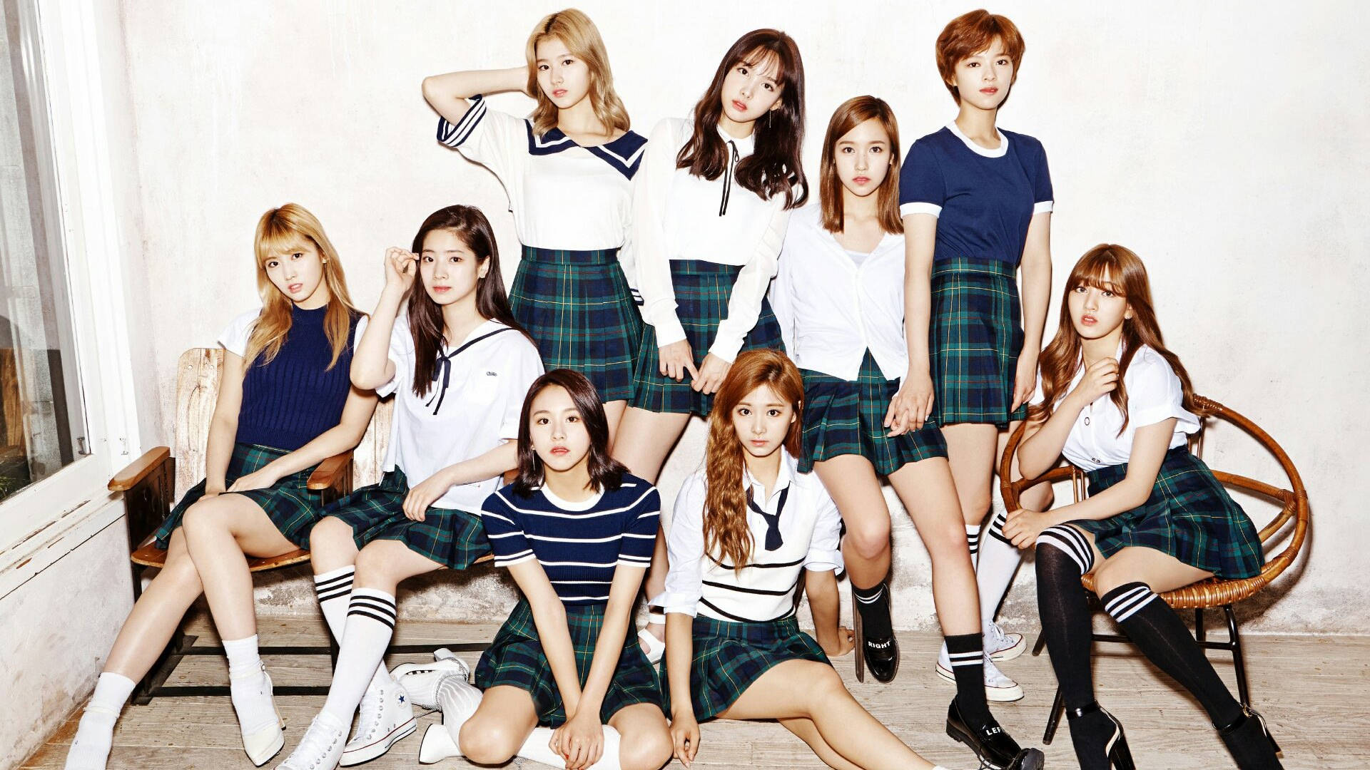 Twice, sailor-style uniforms, plaid skirts, Full HD Desktop Wallpaper