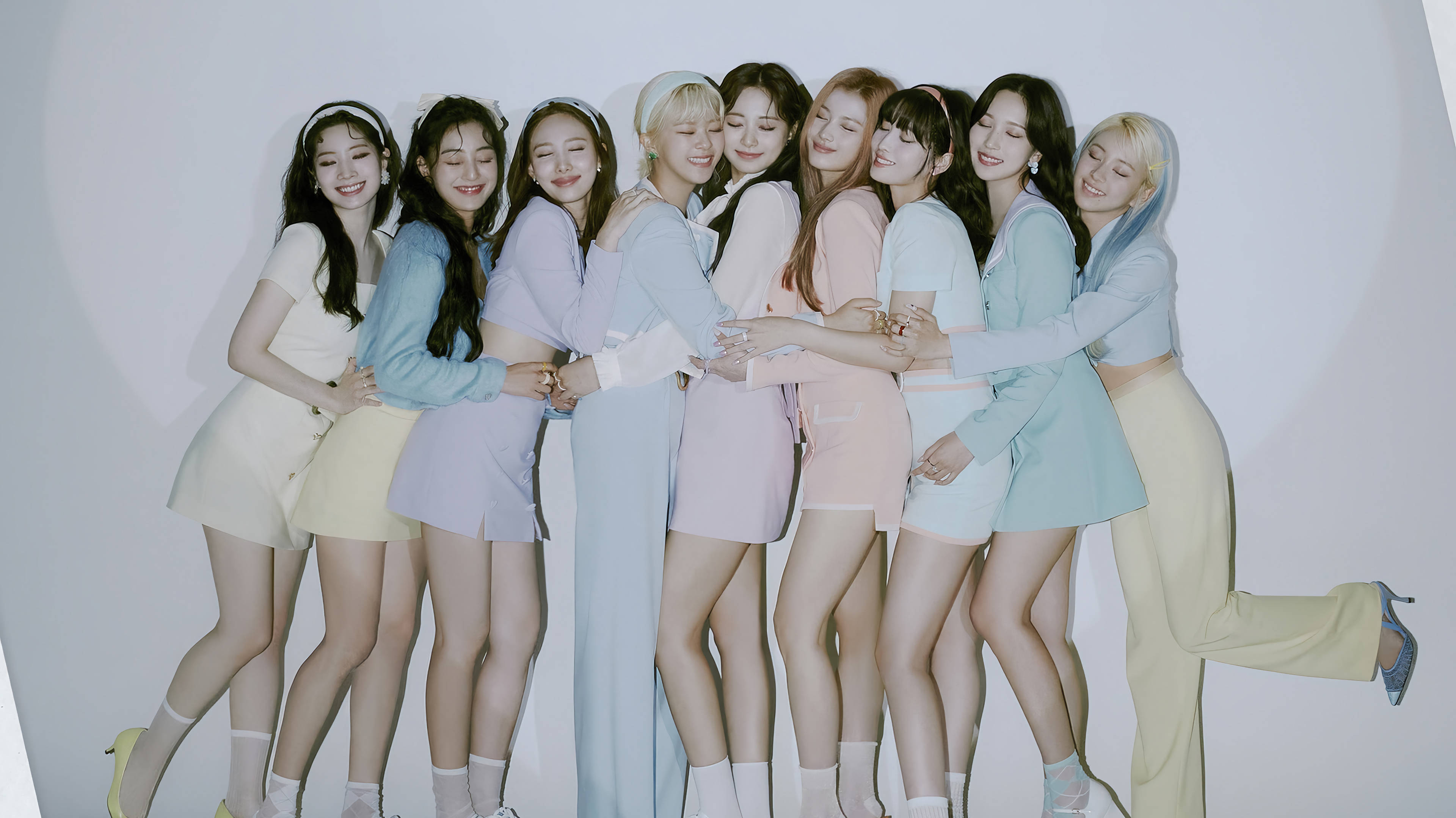 Twice, 9 members, pastel outfits, 4K Desktop Wallpaper