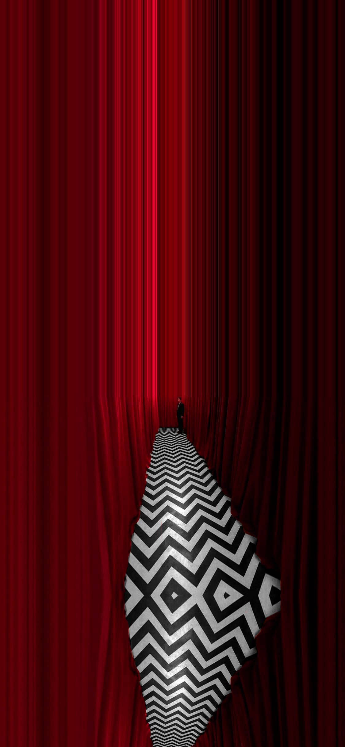 Twin Peaks, red curtains, black and white zigzag pathway, Full HD Phone Wallpaper