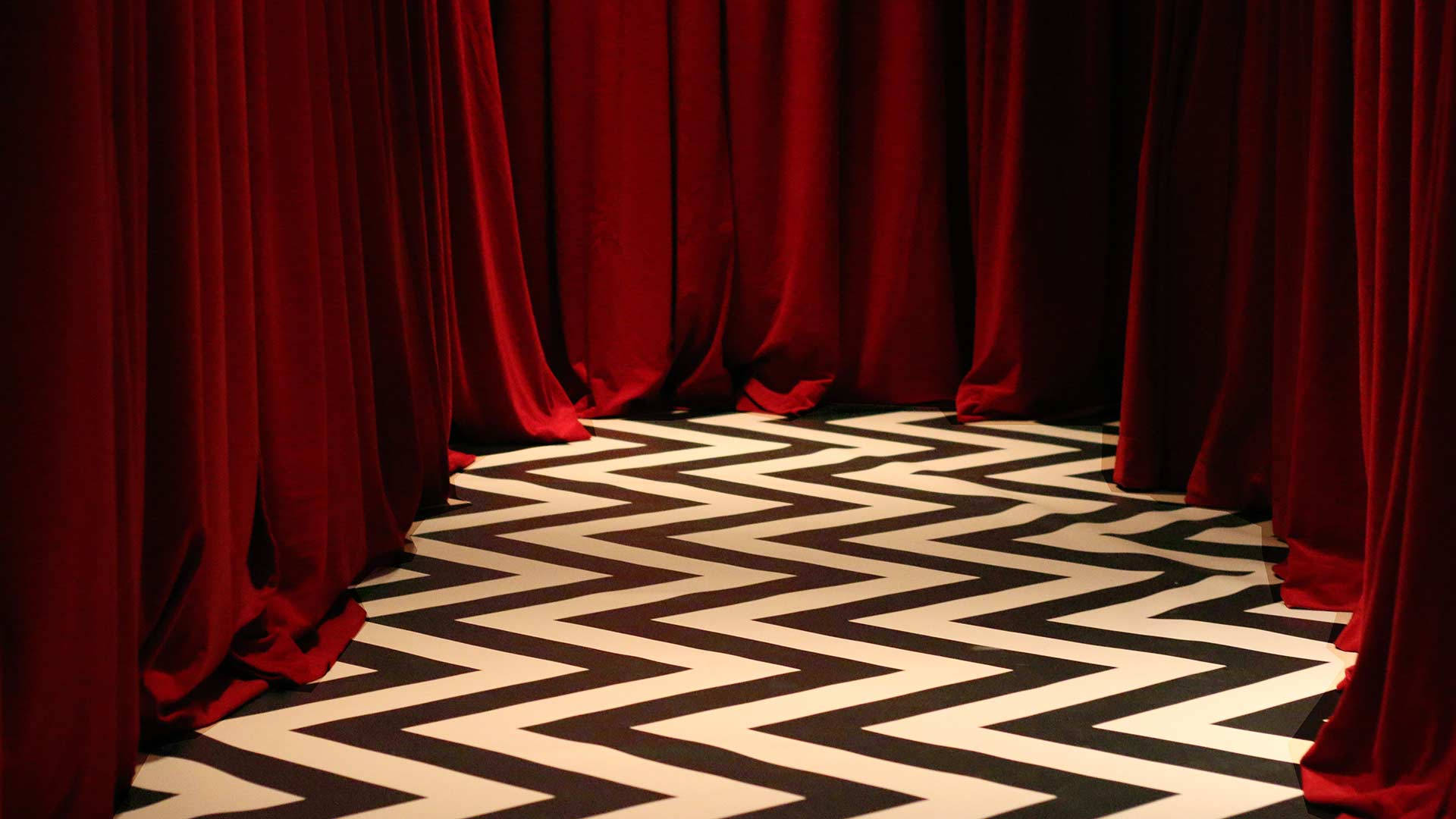 Twin Peaks, red velvet curtains, black and white zigzag patterned floor, Full HD Desktop Wallpaper