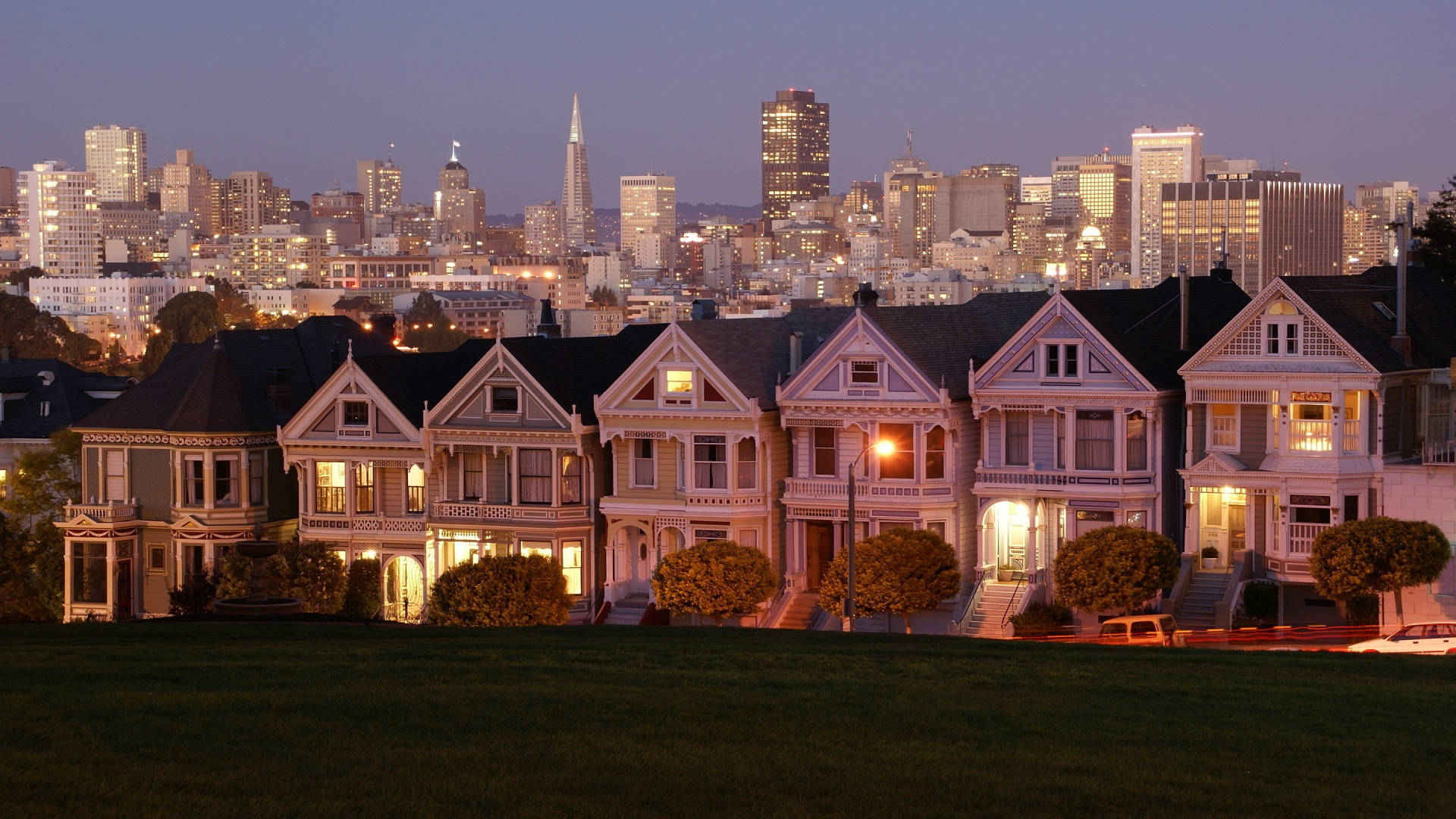 San Francisco, Victorian houses, dusk, Full HD Desktop Wallpaper
