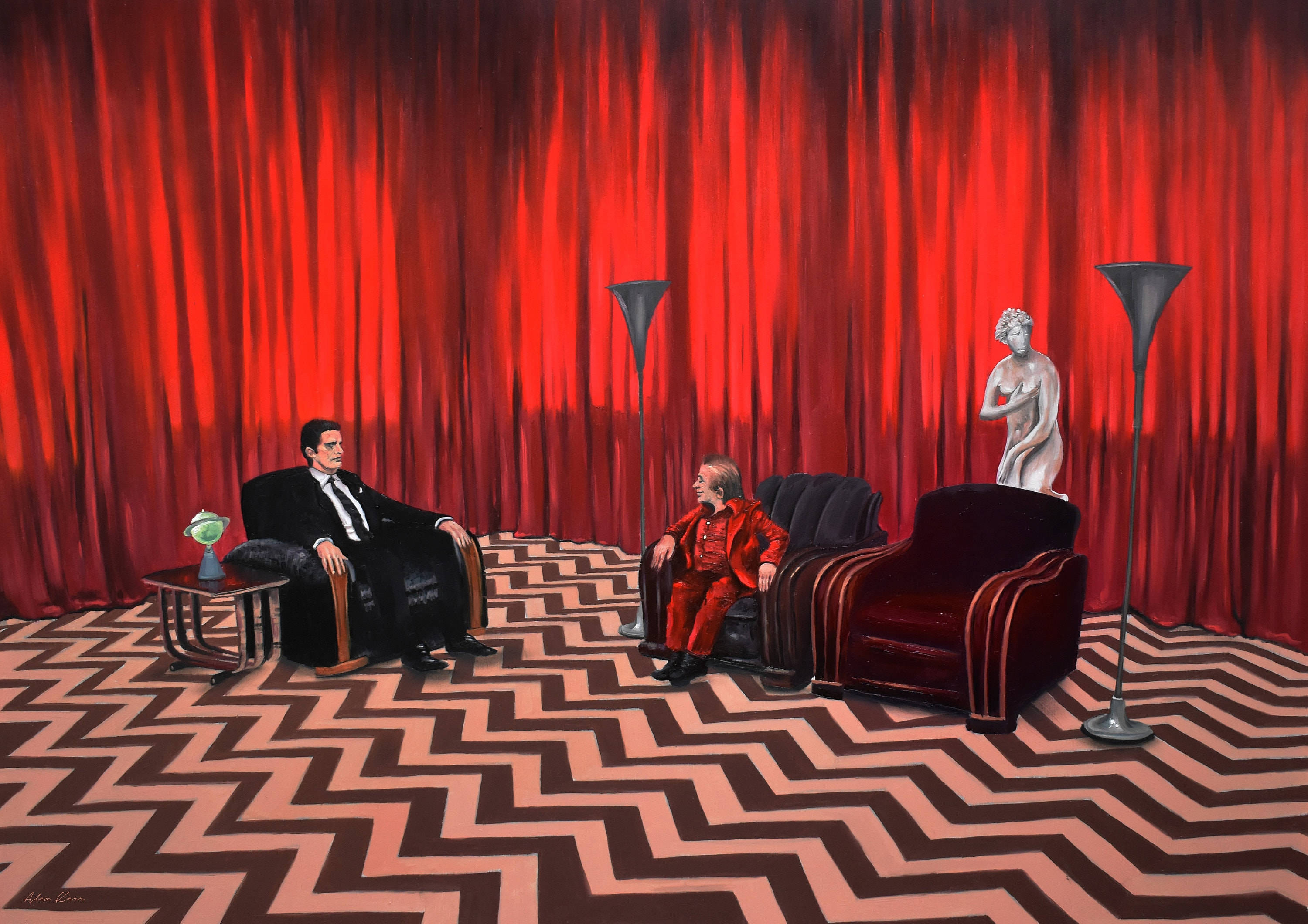 Twin Peaks, red curtains, zigzag patterned floor, 2K Desktop Wallpaper