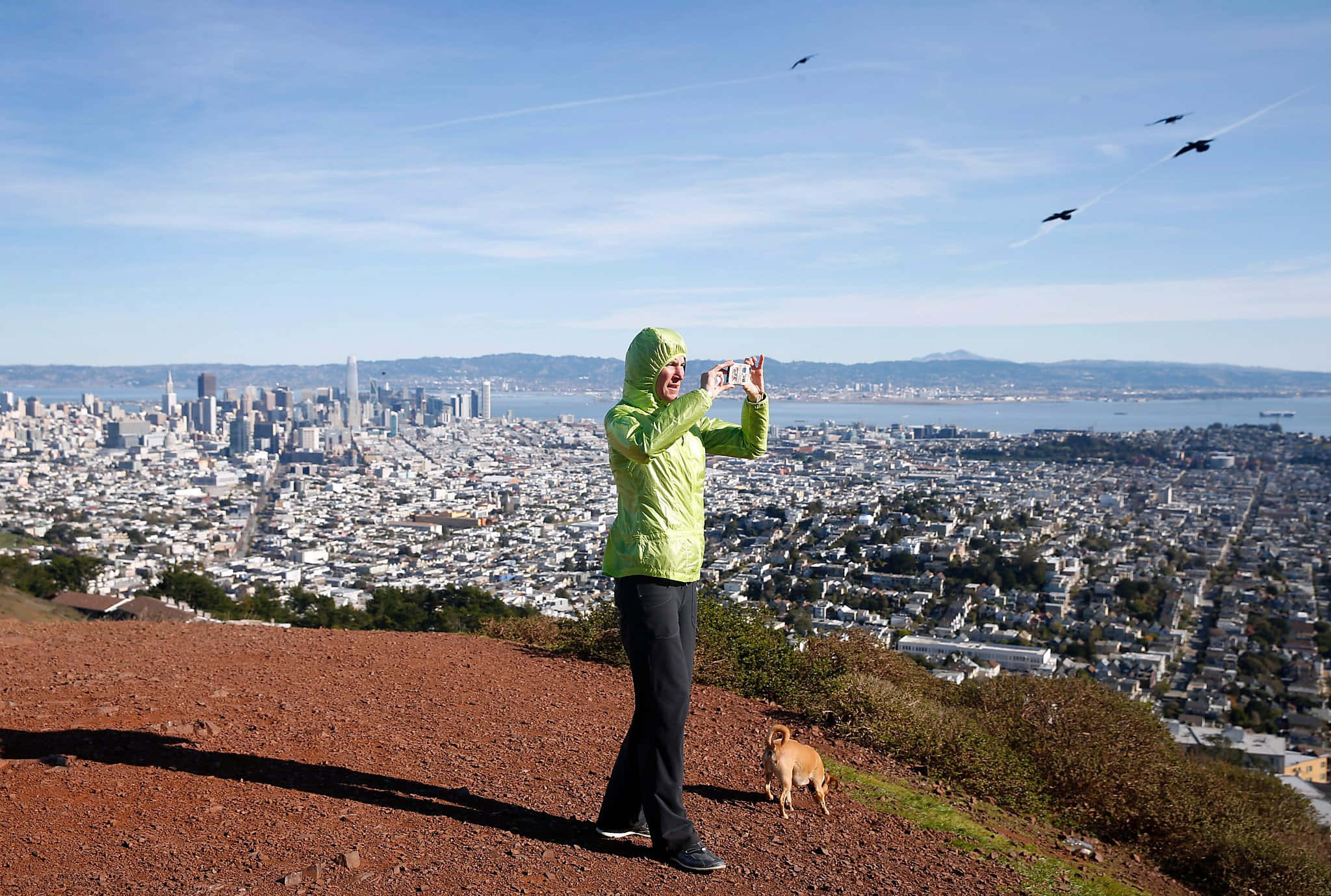 Twin Peaks, San Francisco, bright green hooded jacket, Full HD Desktop Wallpaper