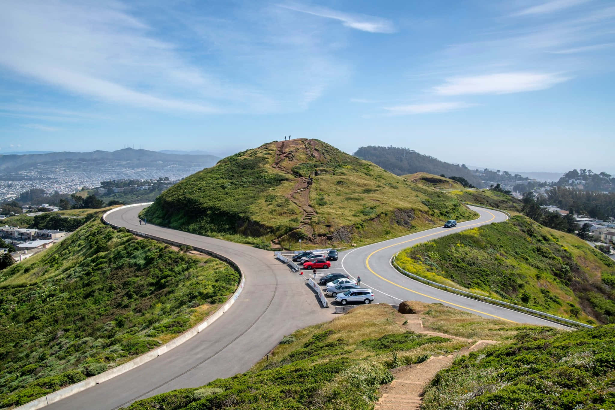 Twin Peaks San Francisco, winding road, grassy hill, Full HD Desktop Wallpaper