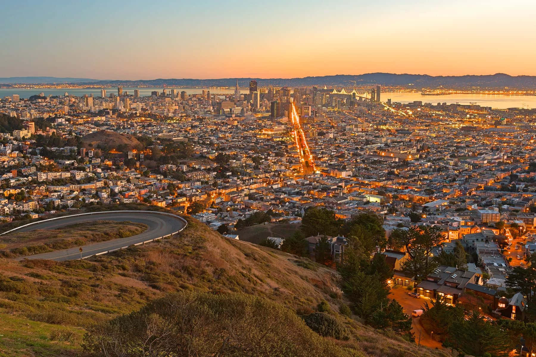 Twin Peaks, San Francisco, dusk, HD Desktop Wallpaper
