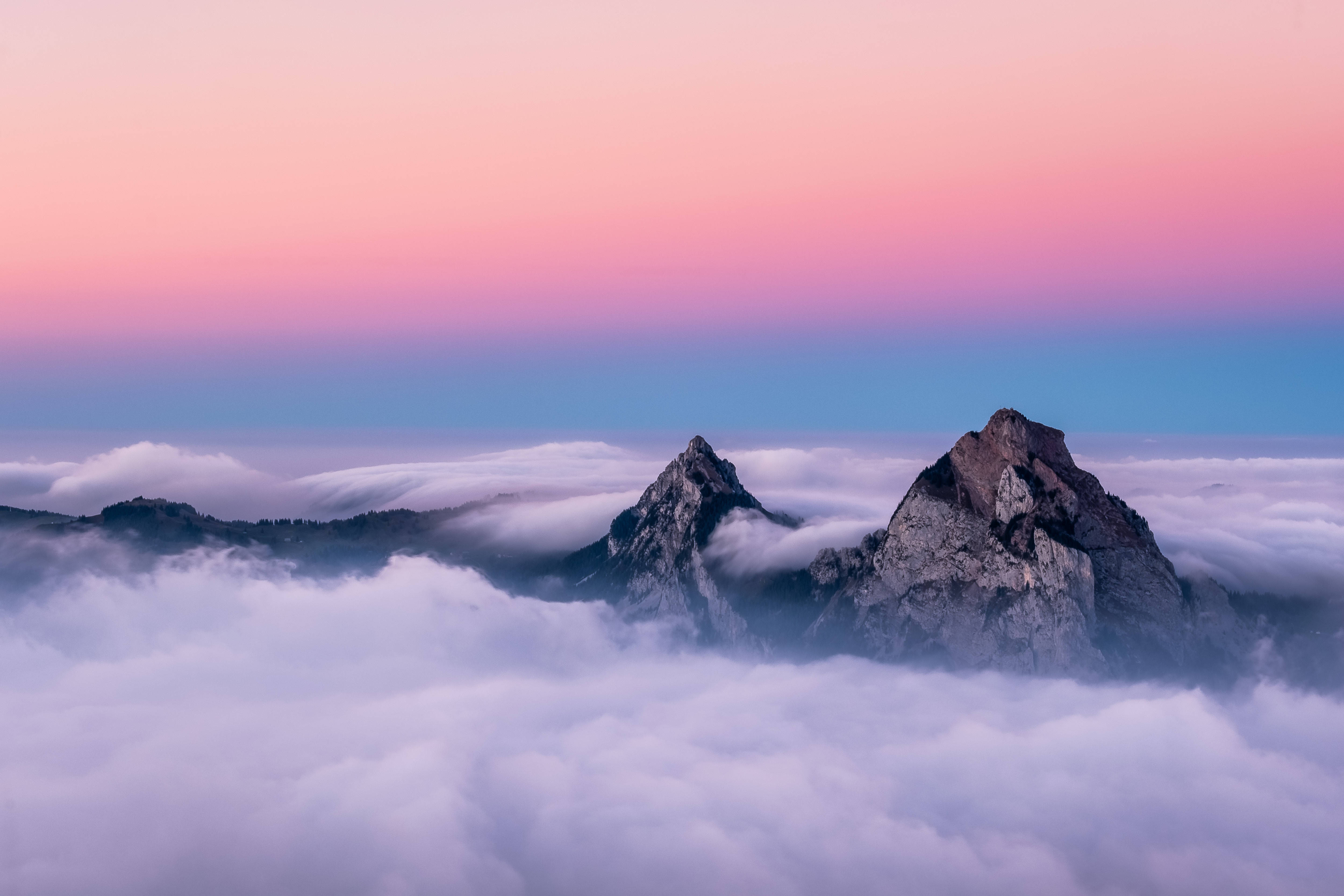 Twin Peaks, pink and blue gradient sky, dawn, 4K Desktop Wallpaper